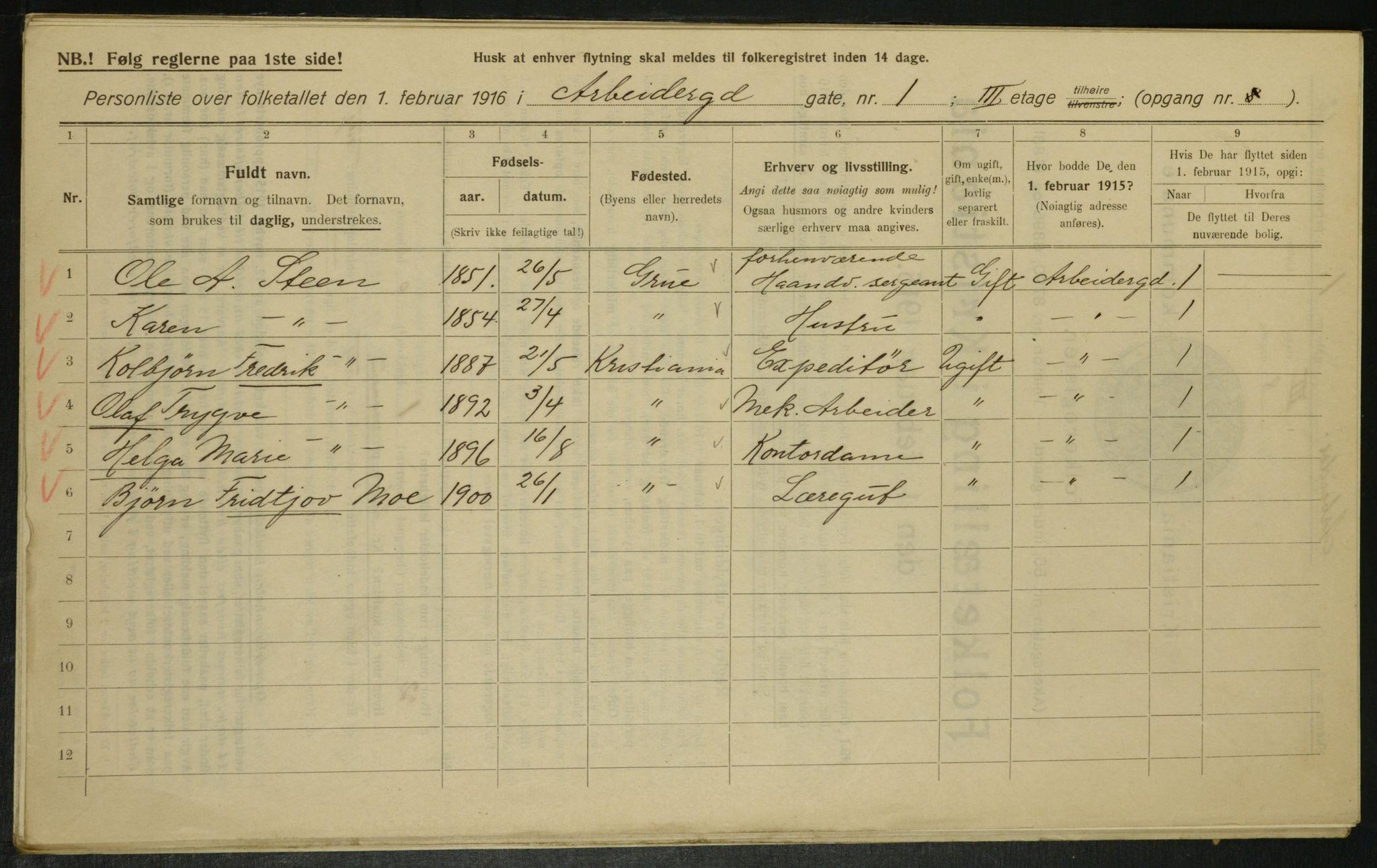 OBA, Municipal Census 1916 for Kristiania, 1916, p. 1433