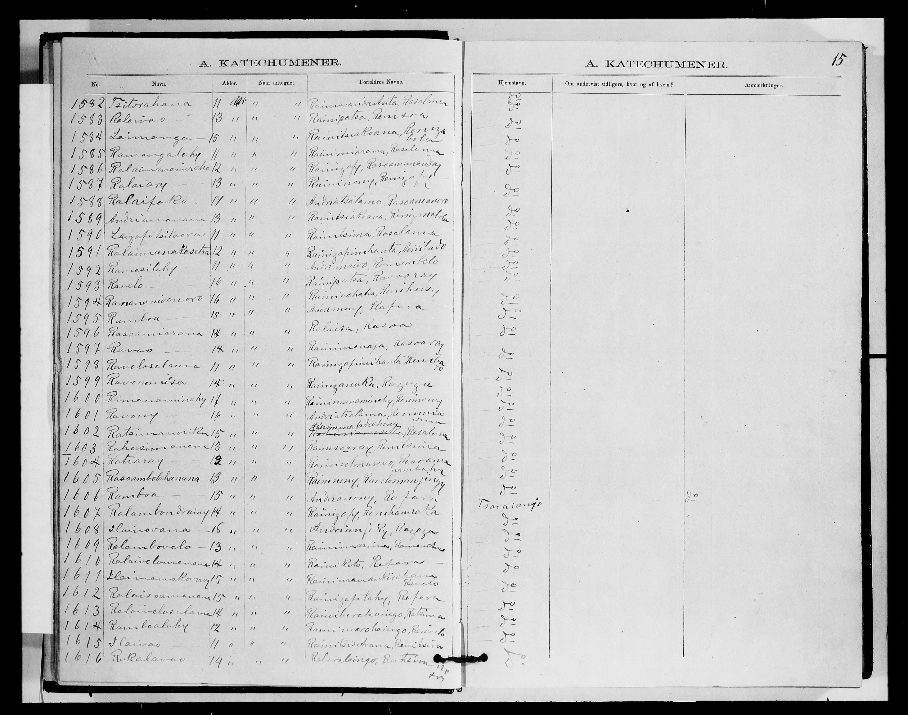 Archives FLM/NMS, Madagaskar, VID/MA-A-1163/D/Db/L0270: Parish register (official) no. 2, 1883-1886, p. 15