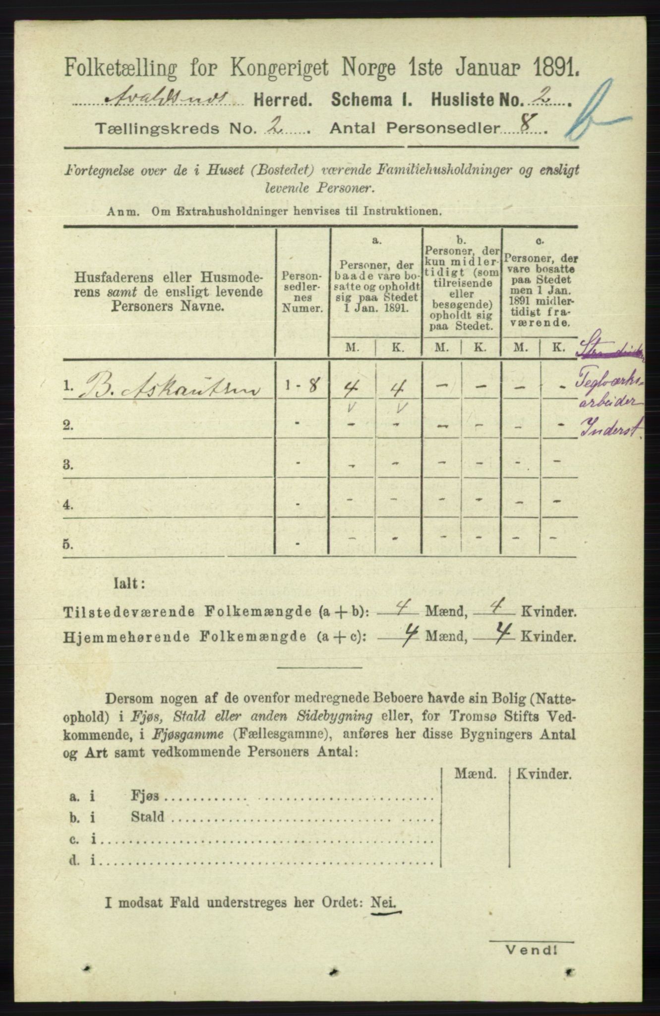 RA, 1891 census for 1147 Avaldsnes, 1891, p. 1891