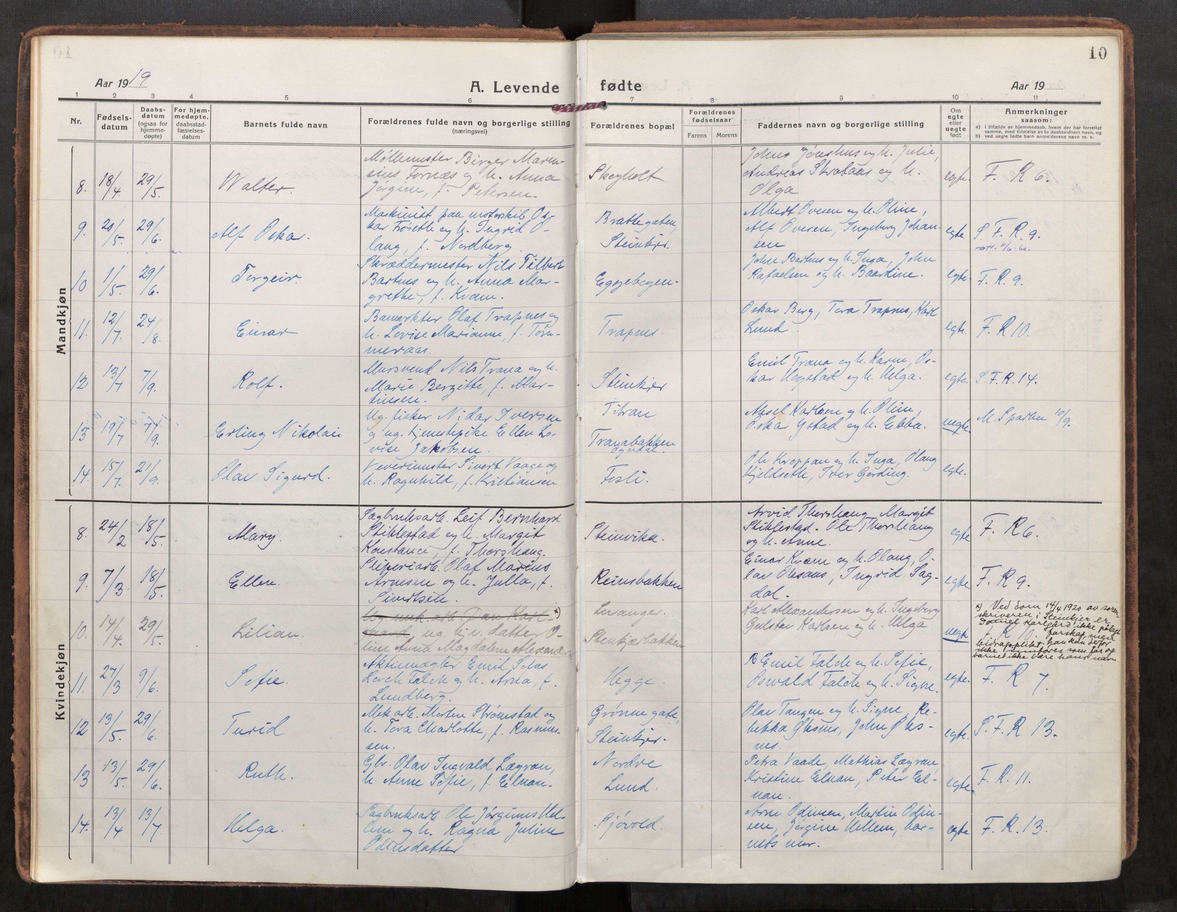 Steinkjer sokneprestkontor, AV/SAT-A-1541/01/H/Ha/Haa/L0004: Parish register (official) no. 4, 1918-1924, p. 10