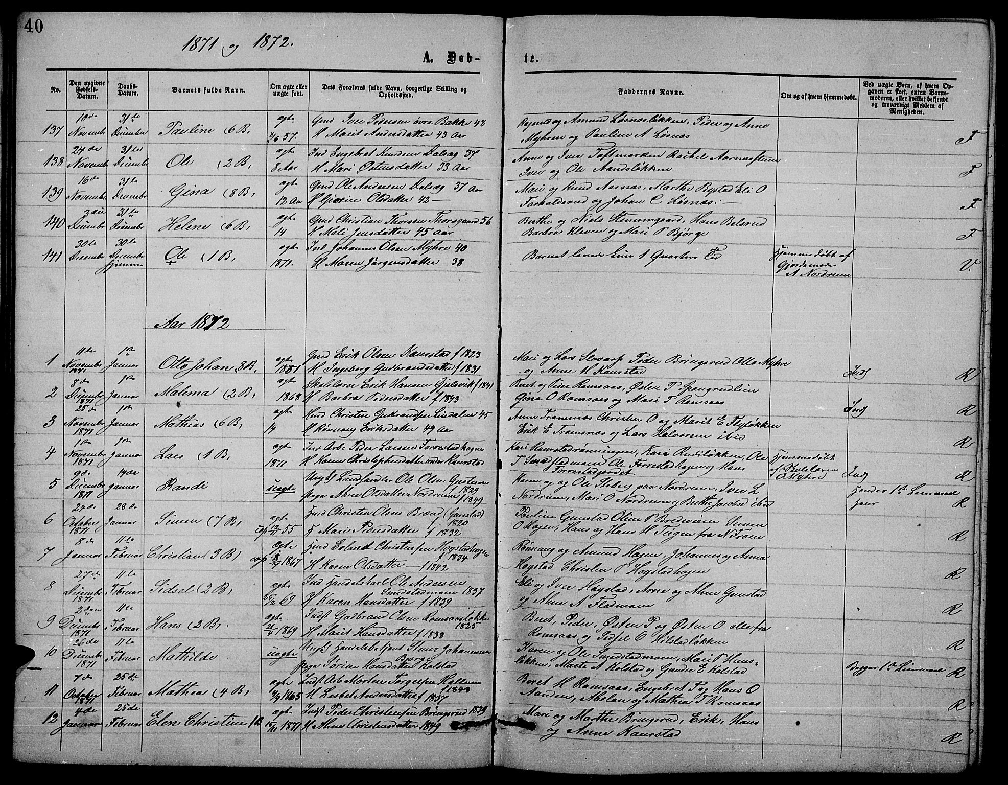 Ringebu prestekontor, SAH/PREST-082/H/Ha/Hab/L0004: Parish register (copy) no. 4, 1867-1879, p. 40