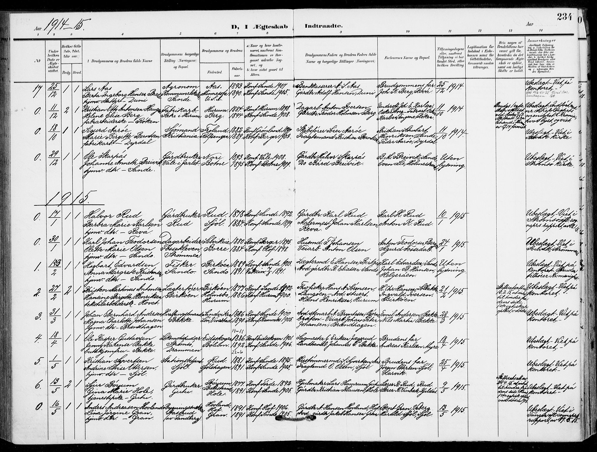 Sande Kirkebøker, SAKO/A-53/F/Fa/L0008: Parish register (official) no. 8, 1904-1921, p. 234
