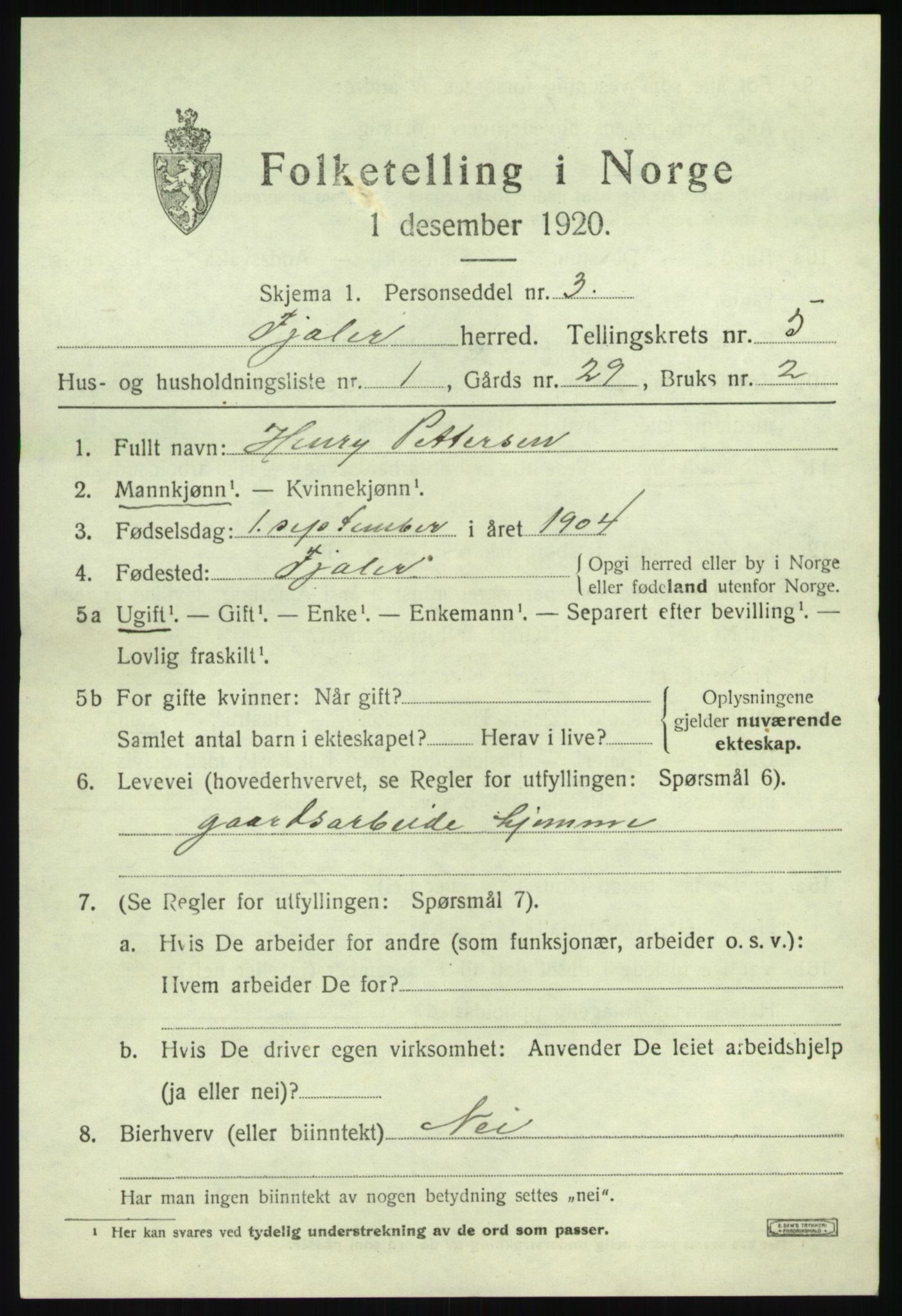 SAB, 1920 census for Fjaler, 1920, p. 3471