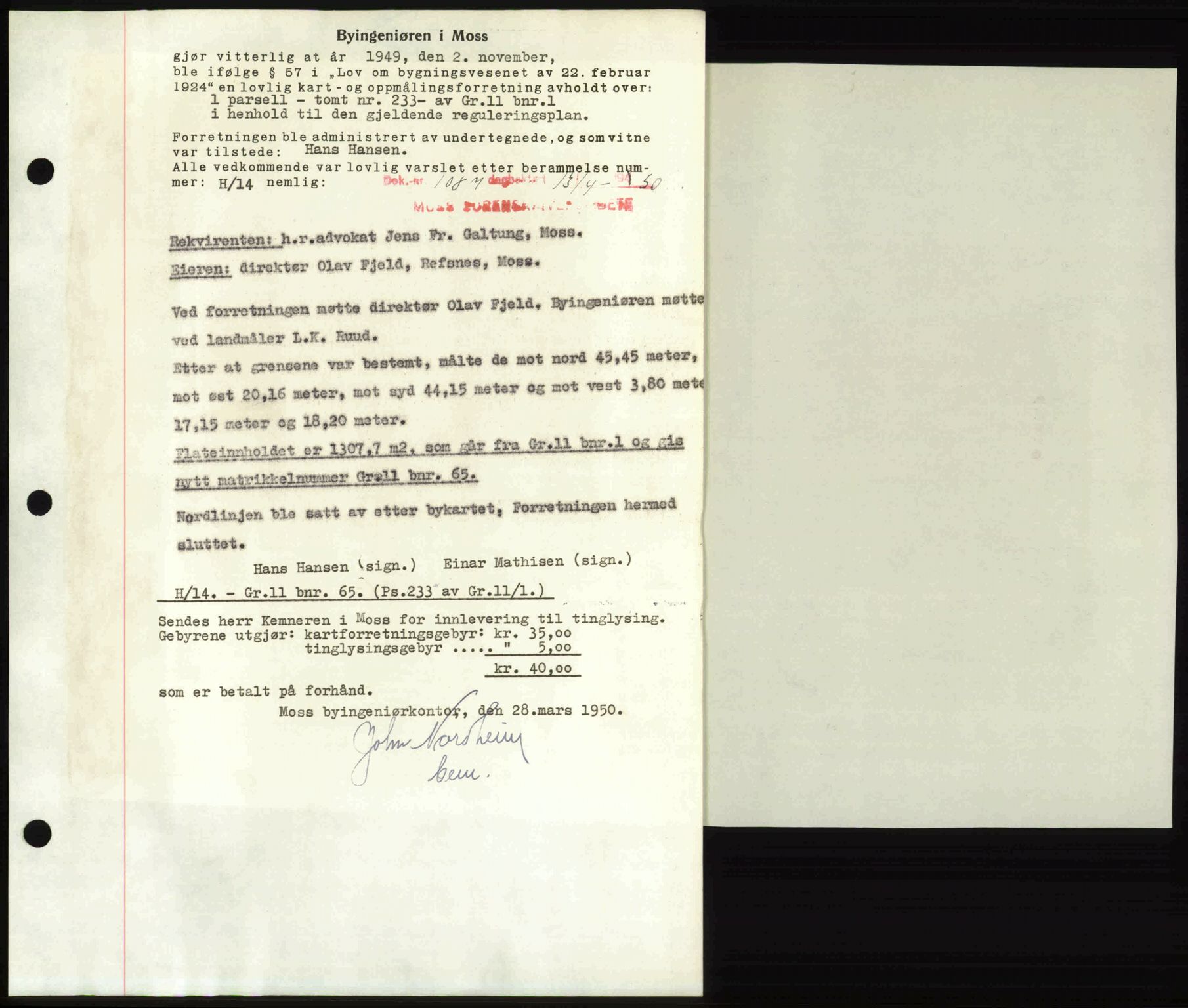Moss sorenskriveri, SAO/A-10168: Mortgage book no. A25, 1950-1950, Diary no: : 1087/1950