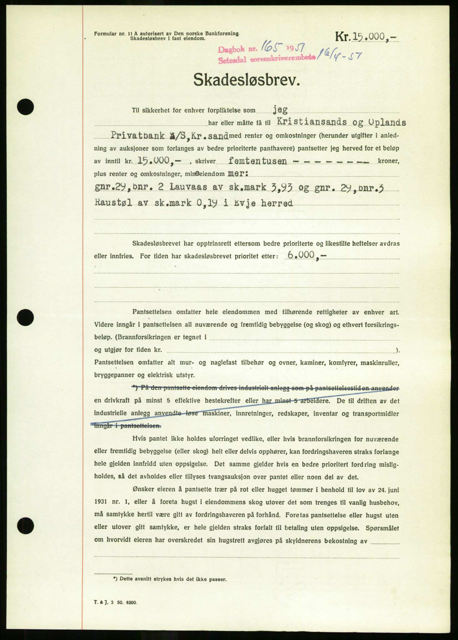 Setesdal sorenskriveri, SAK/1221-0011/G/Gb/L0050: Mortgage book no. B 38, 1949-1952, Diary no: : 165/1951