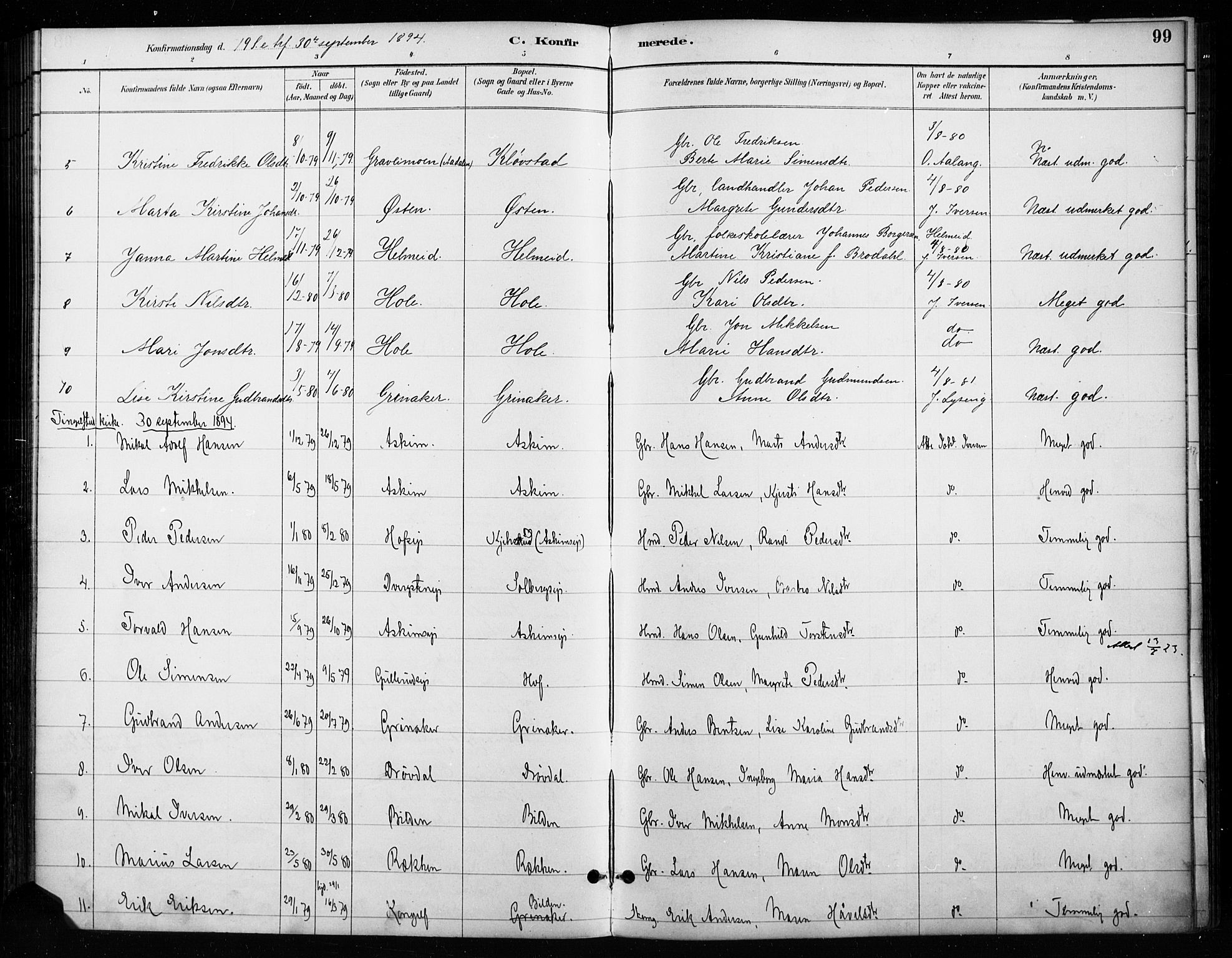 Gran prestekontor, SAH/PREST-112/H/Ha/Haa/L0018: Parish register (official) no. 18, 1889-1899, p. 99