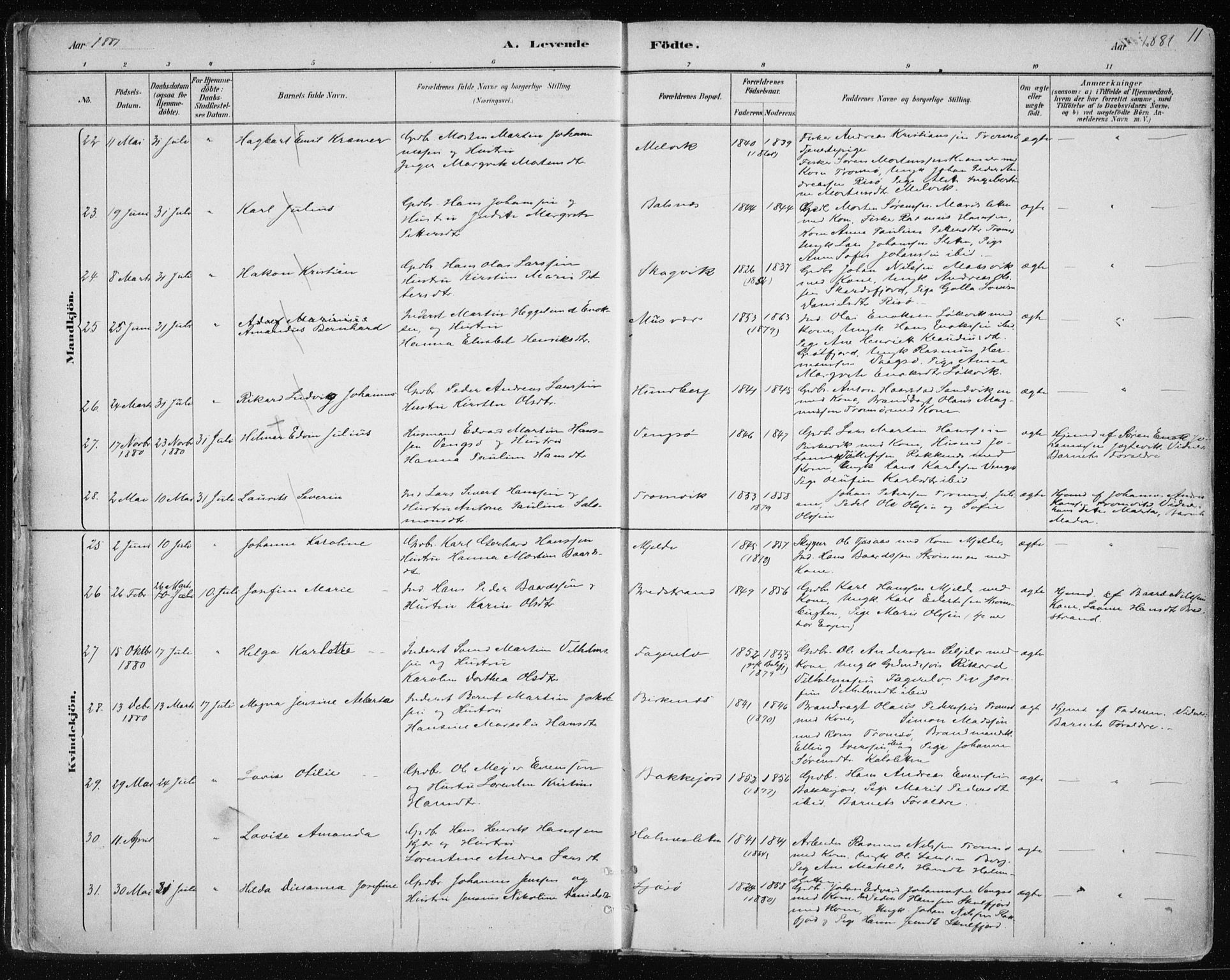 Tromsøysund sokneprestkontor, AV/SATØ-S-1304/G/Ga/L0004kirke: Parish register (official) no. 4, 1880-1888, p. 11