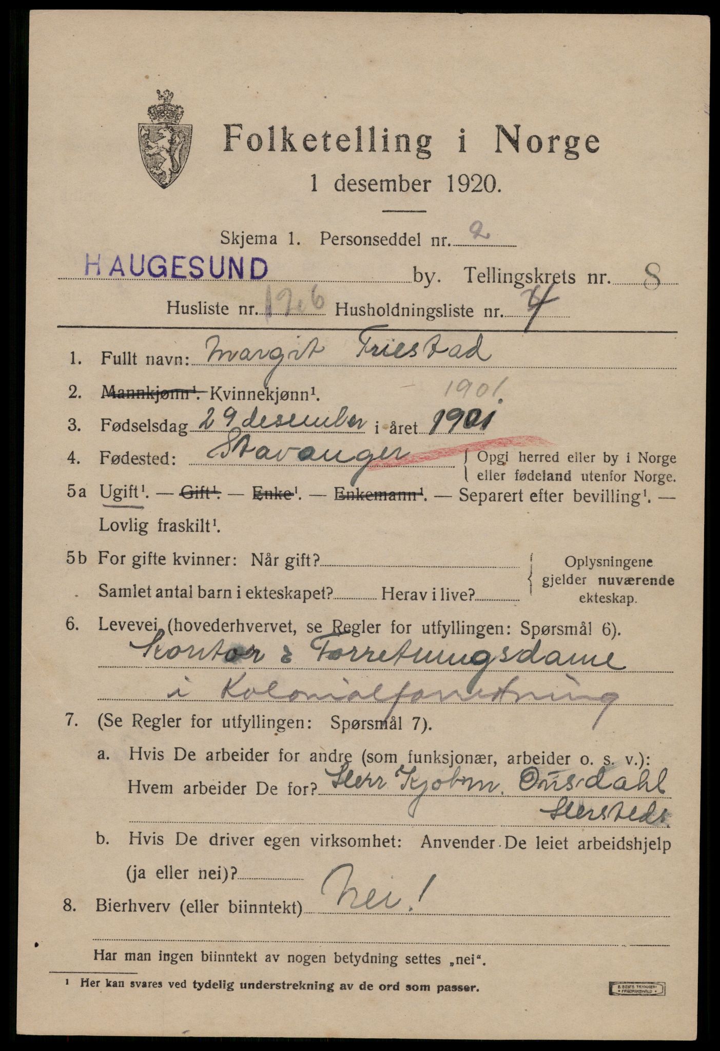 SAST, 1920 census for Haugesund, 1920, p. 29871