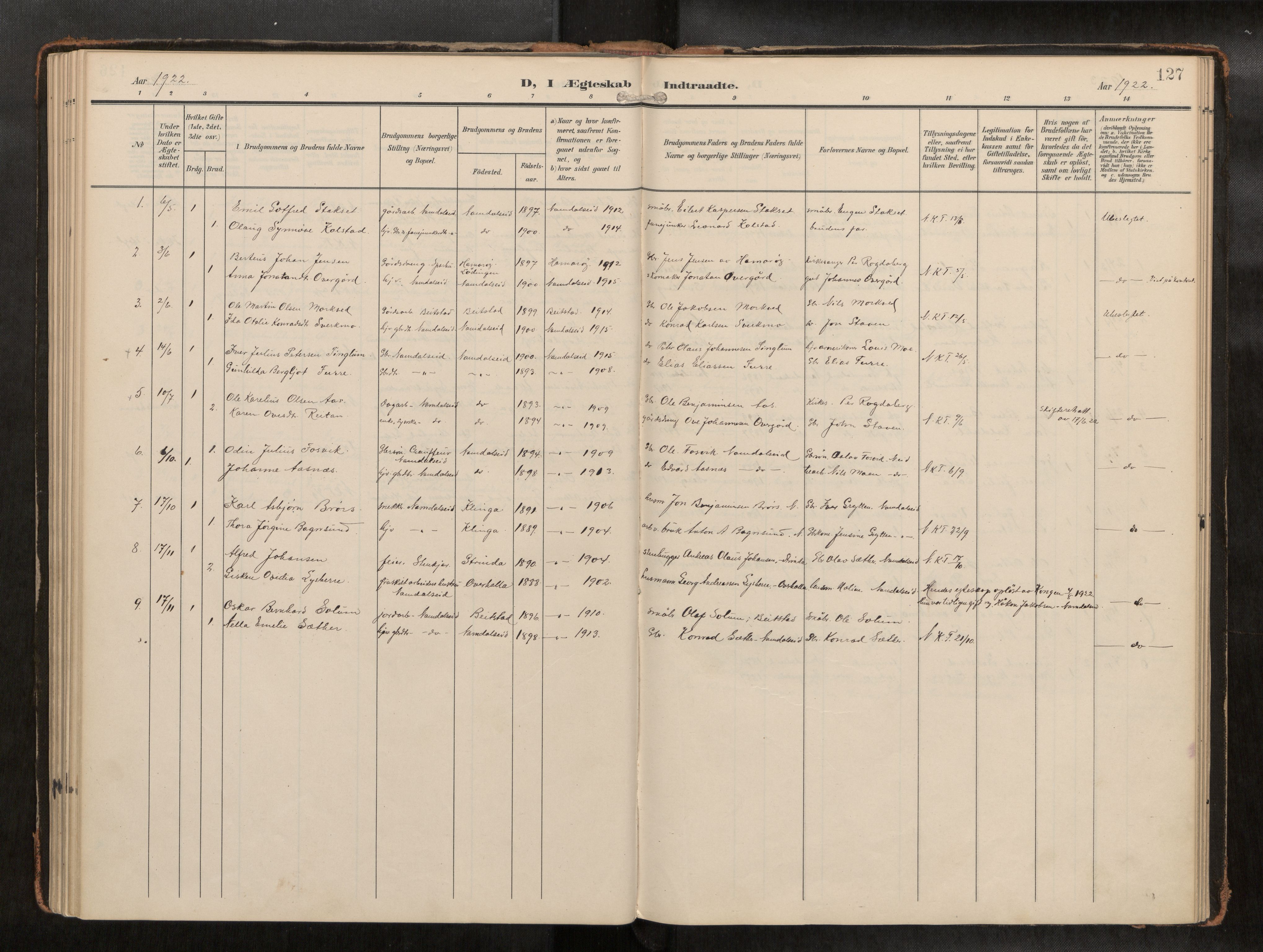 Ministerialprotokoller, klokkerbøker og fødselsregistre - Nord-Trøndelag, AV/SAT-A-1458/742/L0409a: Parish register (official) no. 742A03, 1906-1924, p. 127