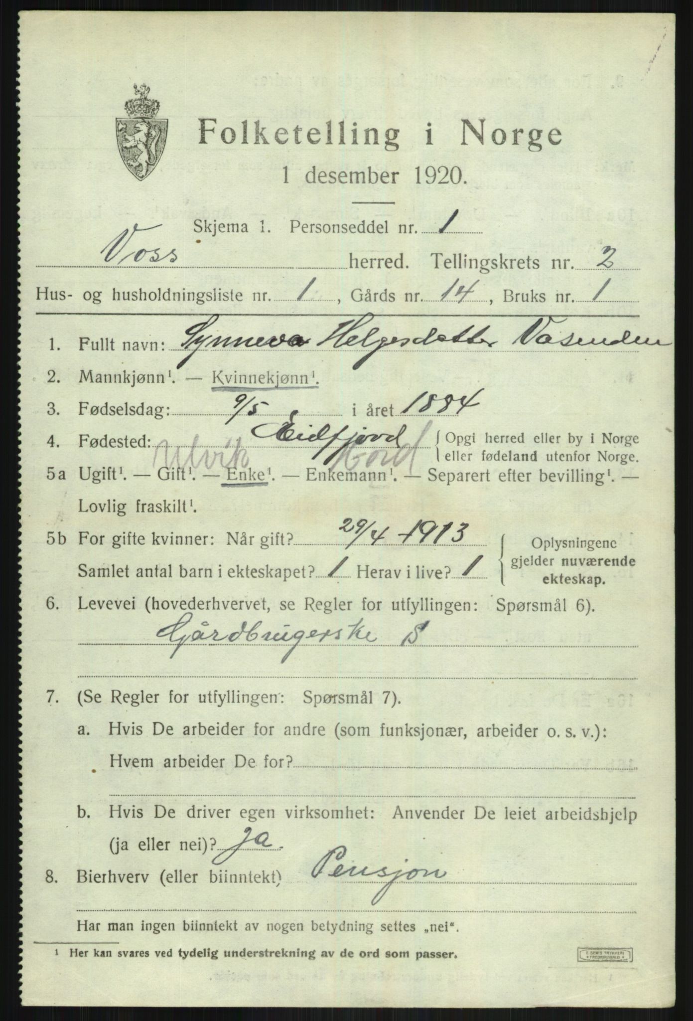 SAB, 1920 census for Voss, 1920, p. 3429