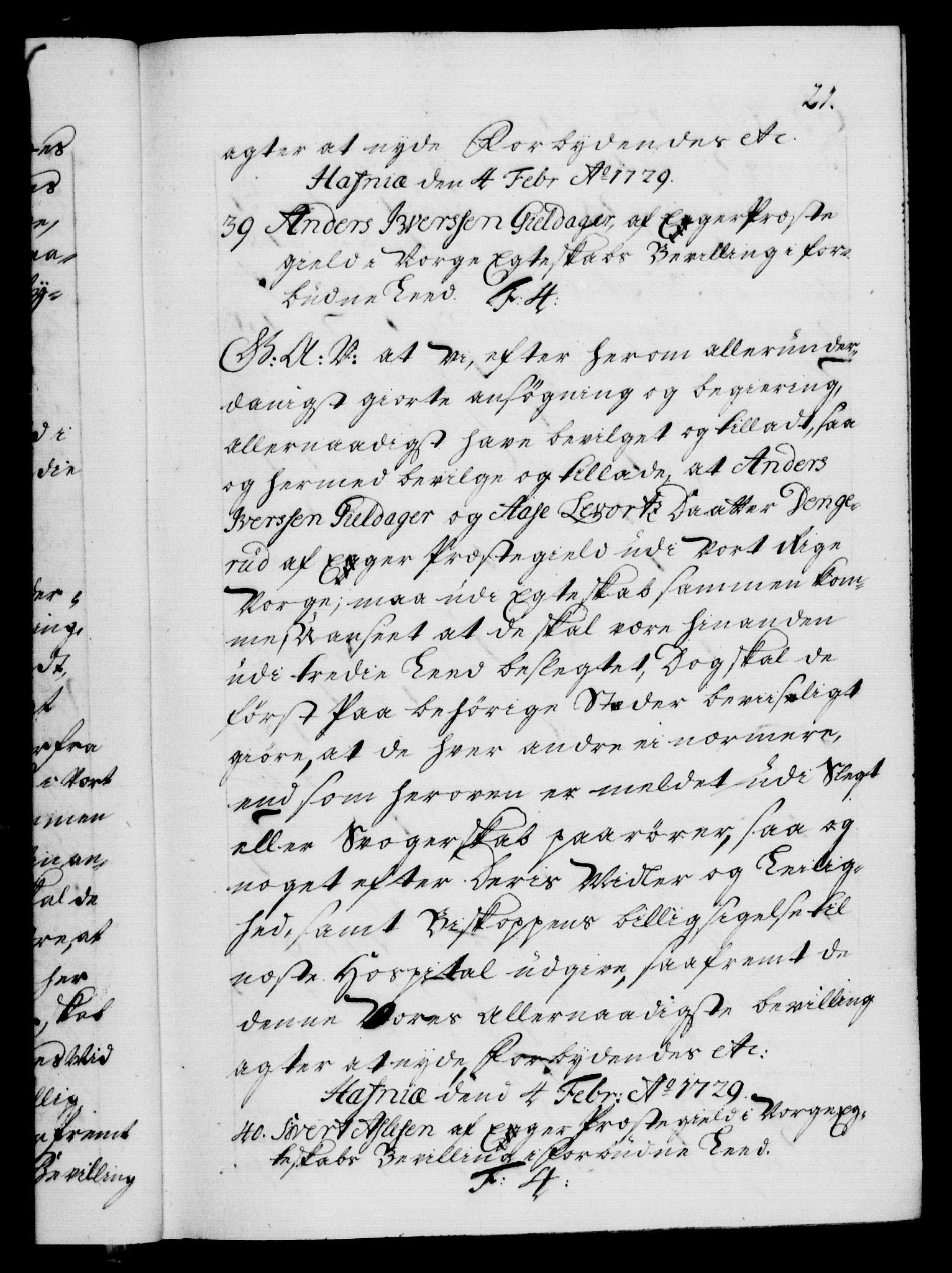 Danske Kanselli 1572-1799, AV/RA-EA-3023/F/Fc/Fca/Fcaa/L0026: Norske registre, 1729-1730, p. 21a