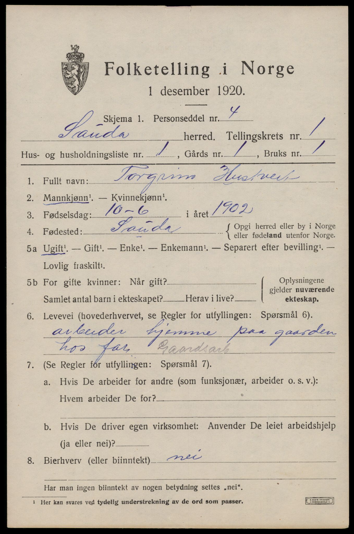 SAST, 1920 census for Sauda, 1920, p. 834