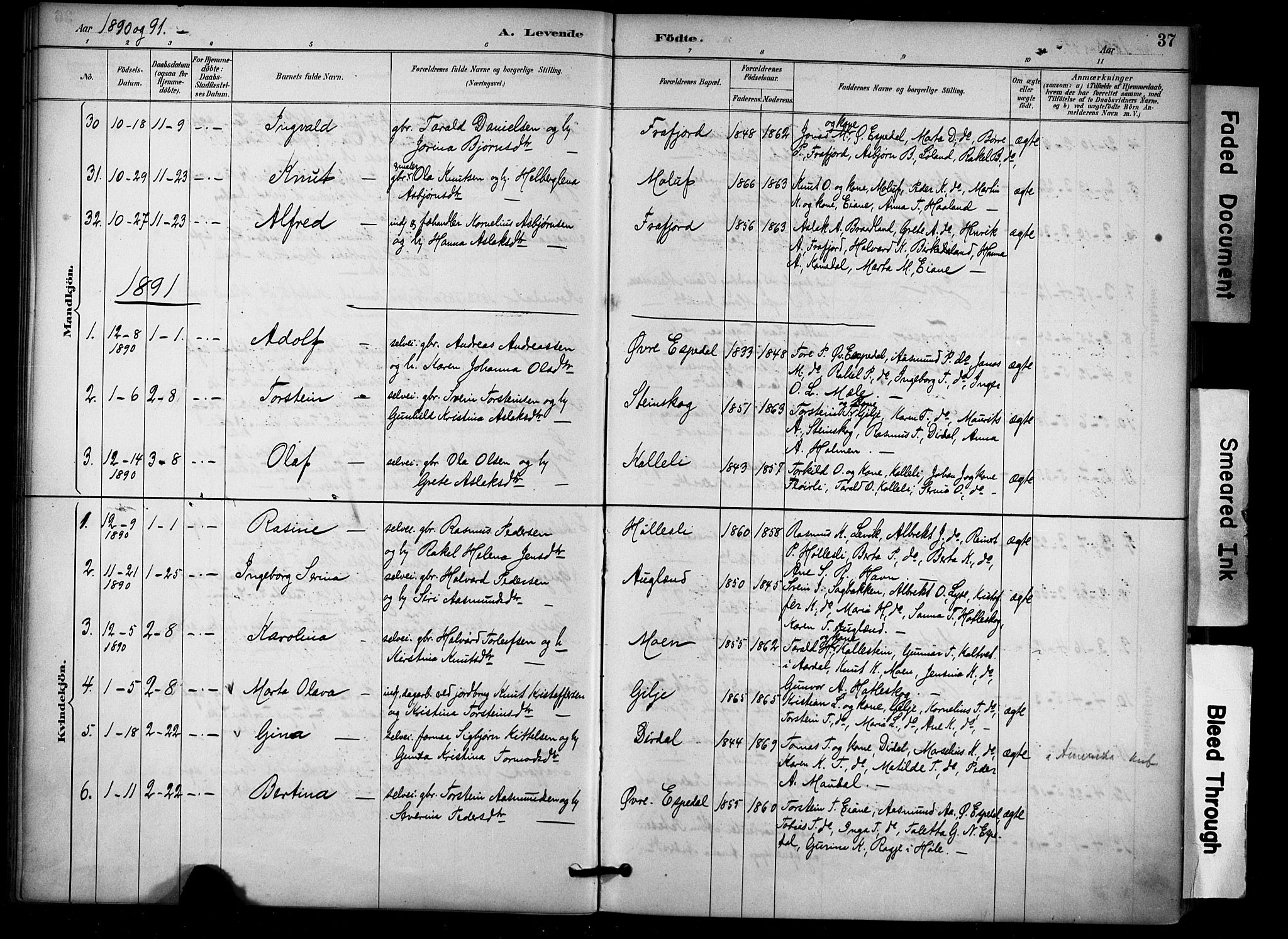 Høgsfjord sokneprestkontor, SAST/A-101624/H/Ha/Haa/L0006: Parish register (official) no. A 6, 1885-1897, p. 37