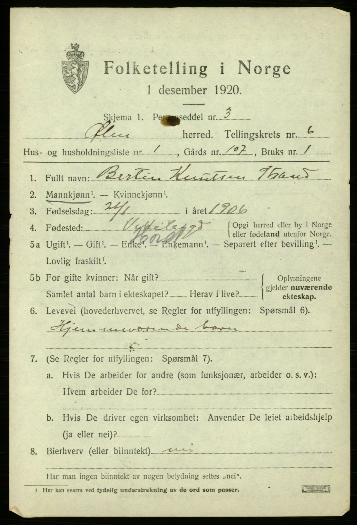 SAB, 1920 census for Ølen, 1920, p. 2771