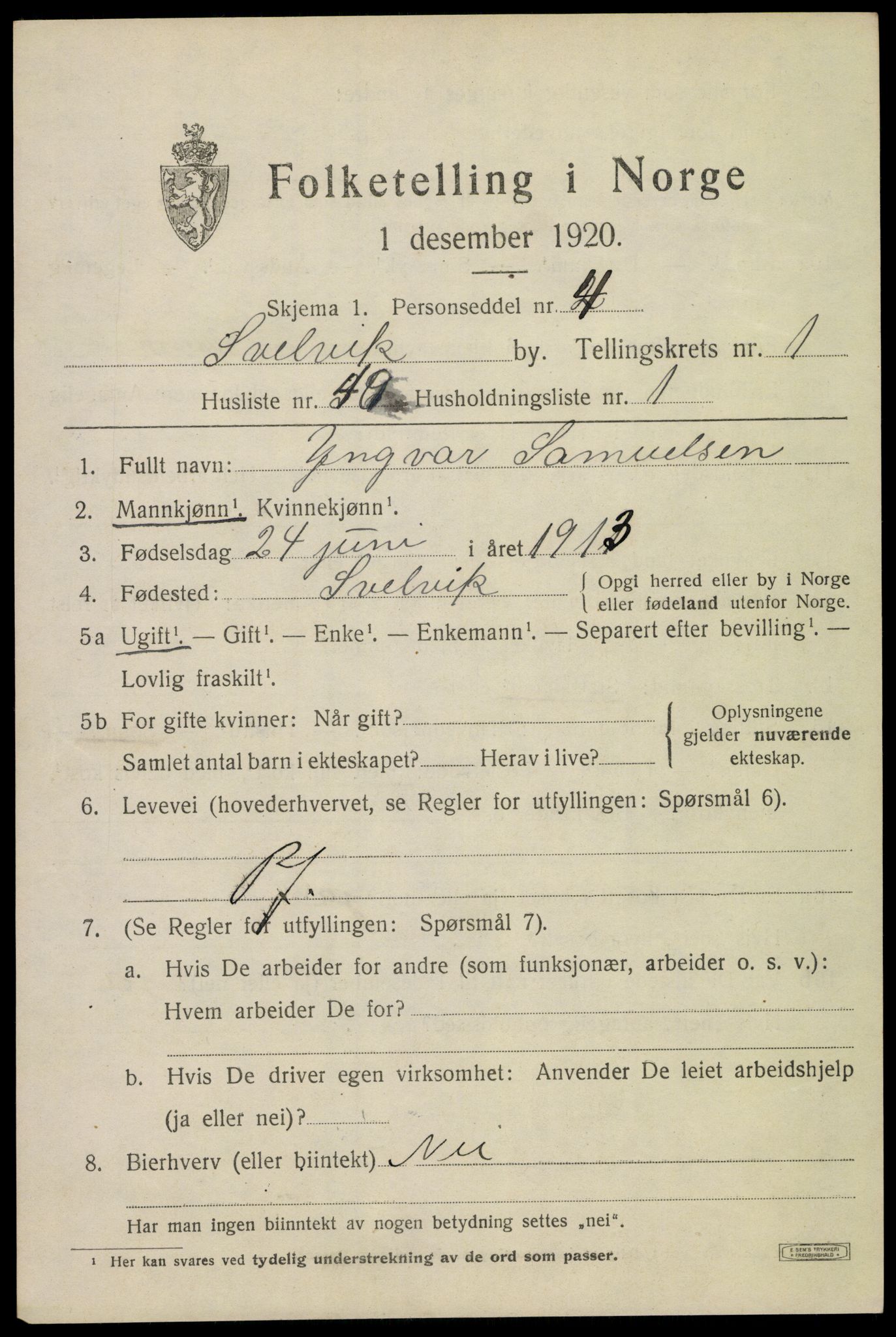 SAKO, 1920 census for Svelvik, 1920, p. 1699