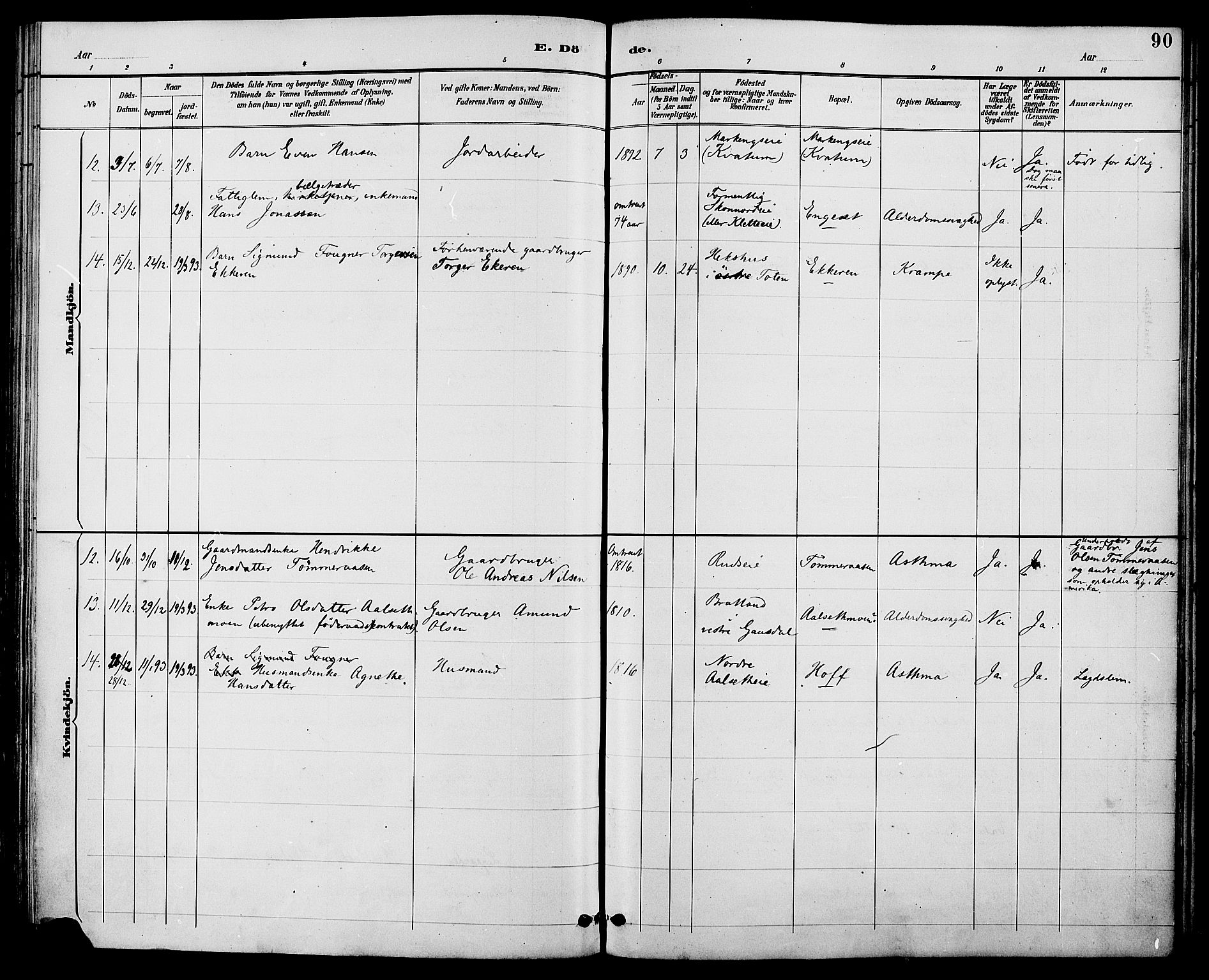 Biri prestekontor, SAH/PREST-096/H/Ha/Haa/L0007: Parish register (official) no. 7, 1887-1893, p. 90
