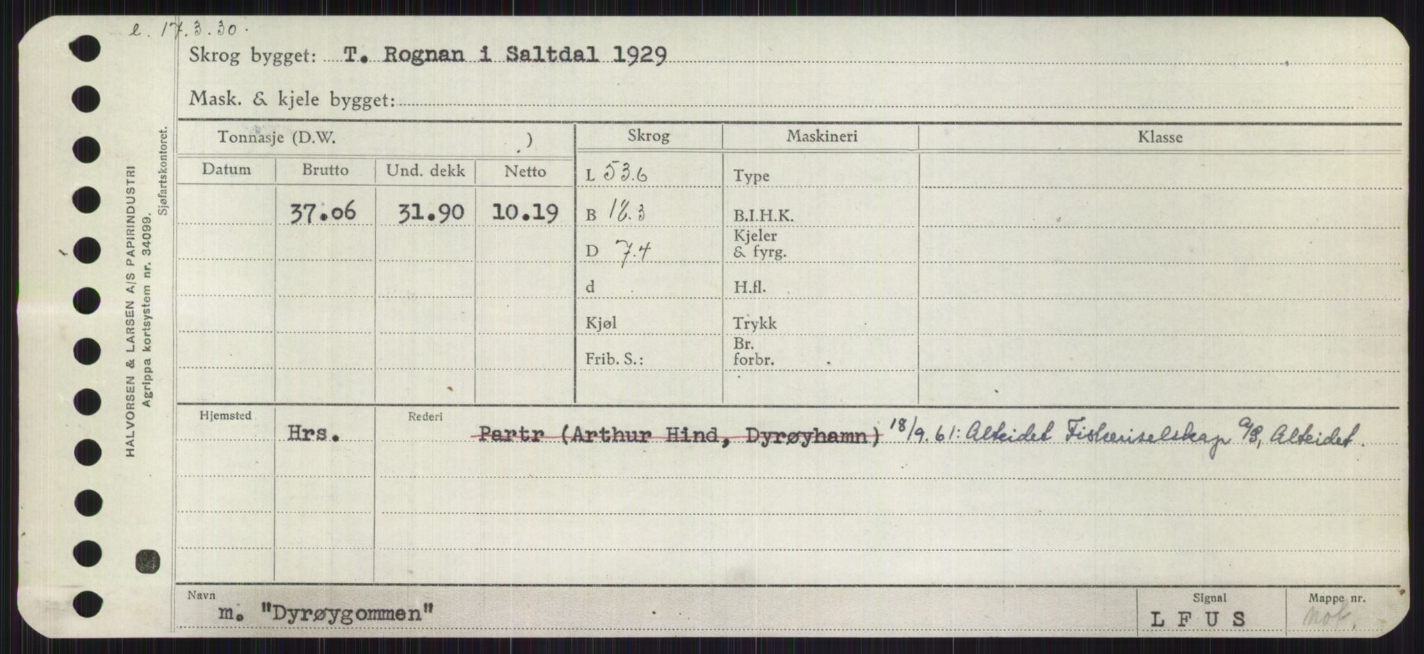 Sjøfartsdirektoratet med forløpere, Skipsmålingen, RA/S-1627/H/Ha/L0001/0002: Fartøy, A-Eig / Fartøy Bjør-Eig, p. 927