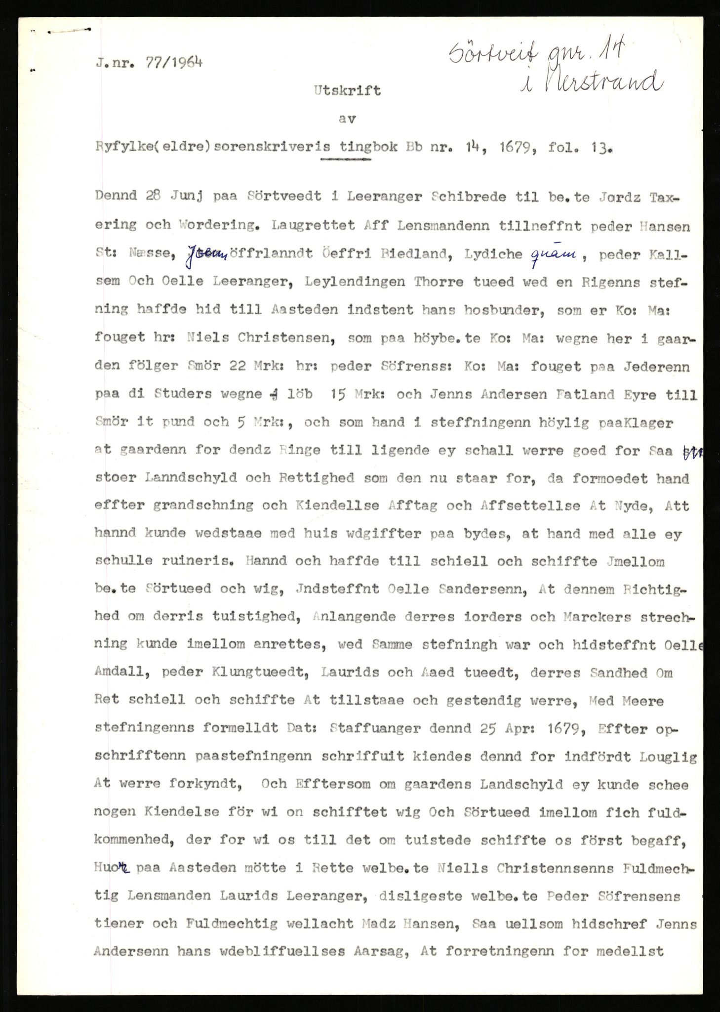 Statsarkivet i Stavanger, SAST/A-101971/03/Y/Yj/L0085: Avskrifter sortert etter gårdsnavn: Sørhus - Tastad øvre, 1750-1930, p. 101