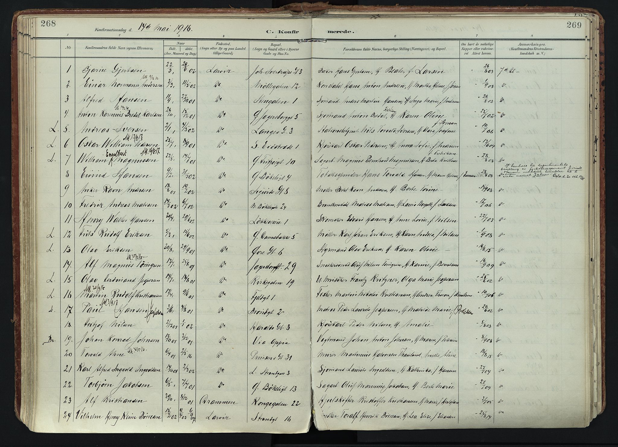 Larvik kirkebøker, AV/SAKO-A-352/F/Fa/L0011: Parish register (official) no. I 11, 1902-1922, p. 268-269