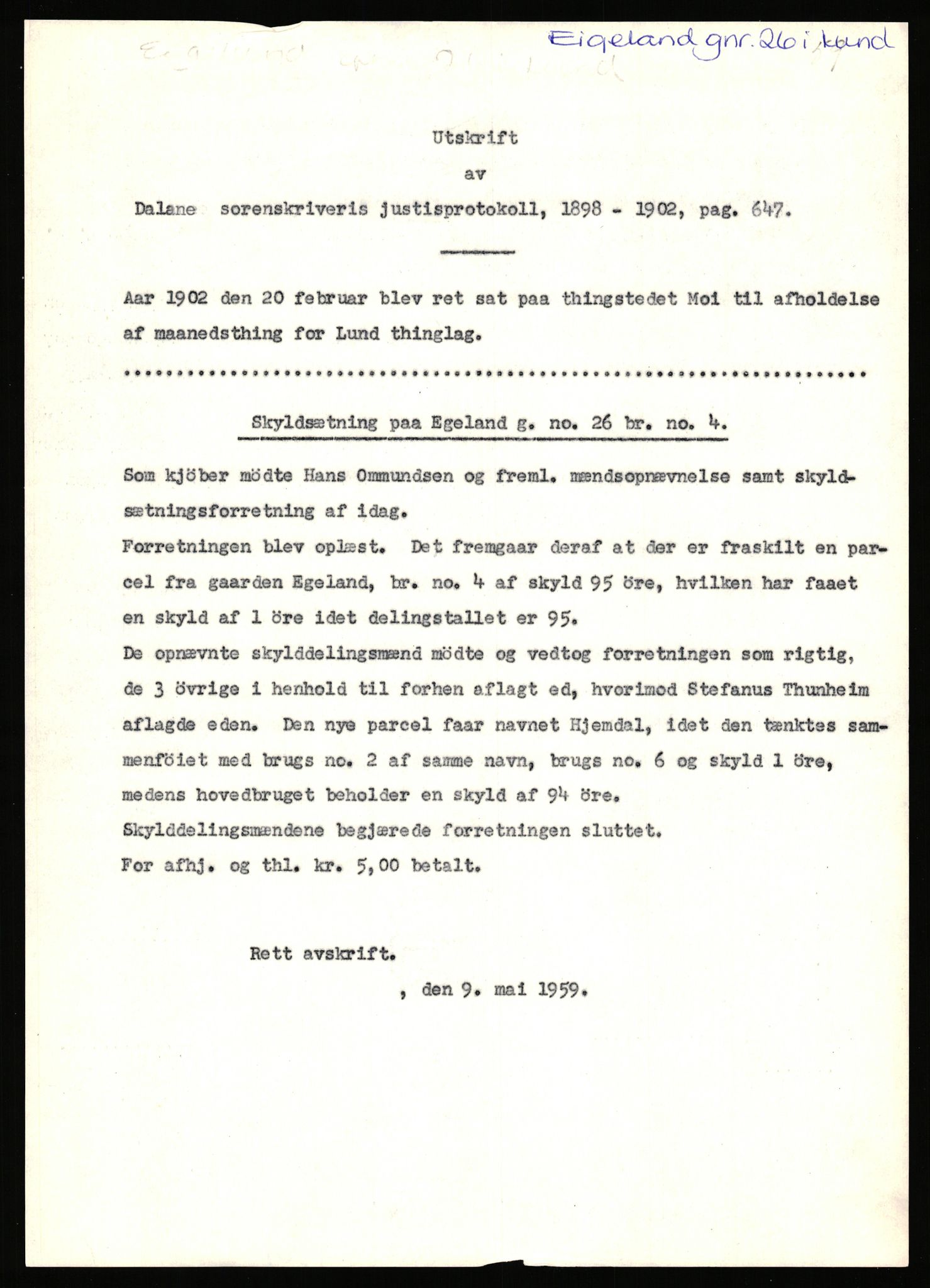 Statsarkivet i Stavanger, AV/SAST-A-101971/03/Y/Yj/L0017: Avskrifter sortert etter gårdsnavn: Eigeland østre - Elve, 1750-1930, p. 27