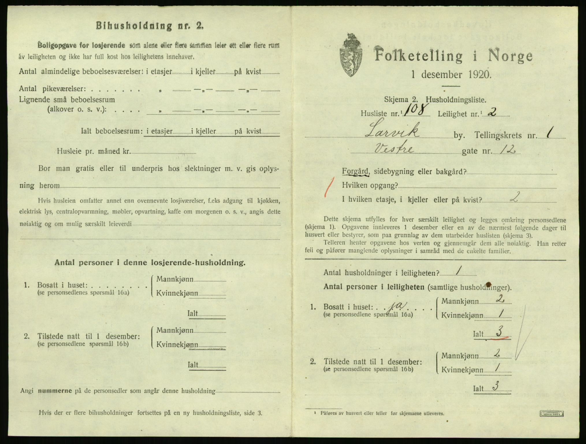 SAKO, 1920 census for Larvik, 1920, p. 3412