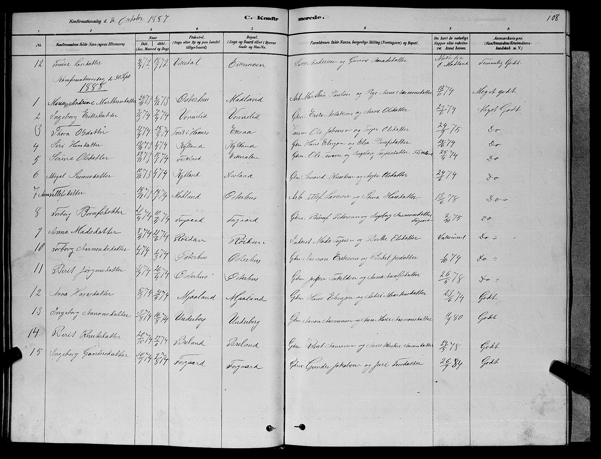 Åseral sokneprestkontor, AV/SAK-1111-0051/F/Fb/L0002: Parish register (copy) no. B 2, 1878-1899, p. 108