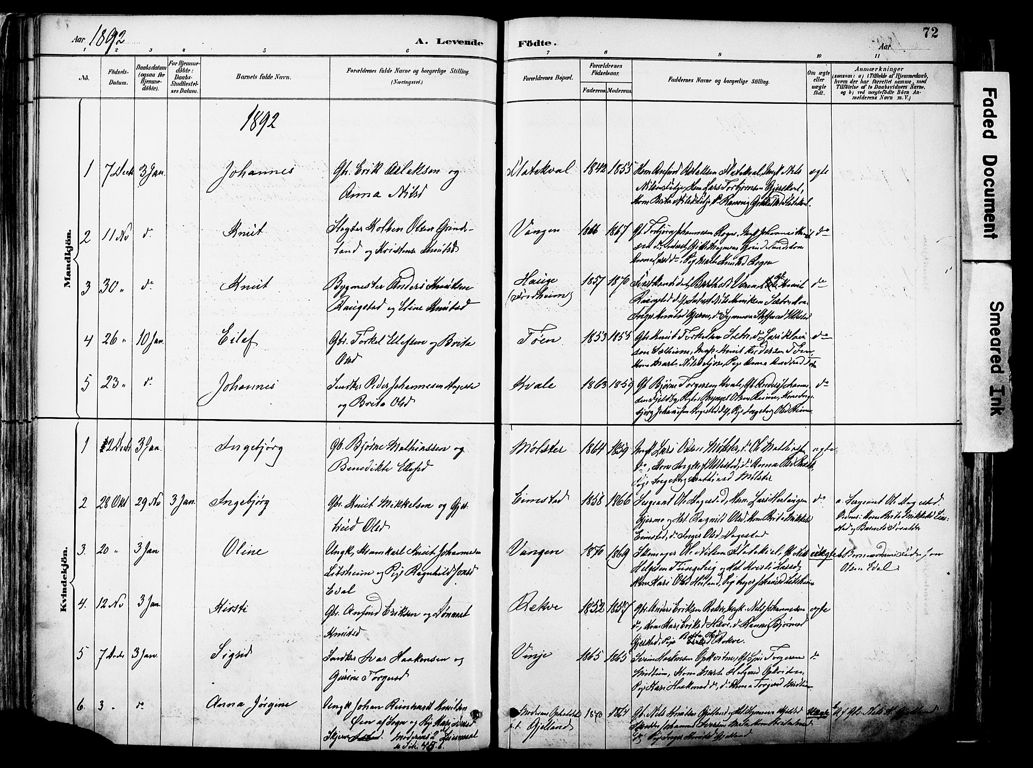 Voss sokneprestembete, AV/SAB-A-79001/H/Haa: Parish register (official) no. A 21, 1887-1903, p. 72