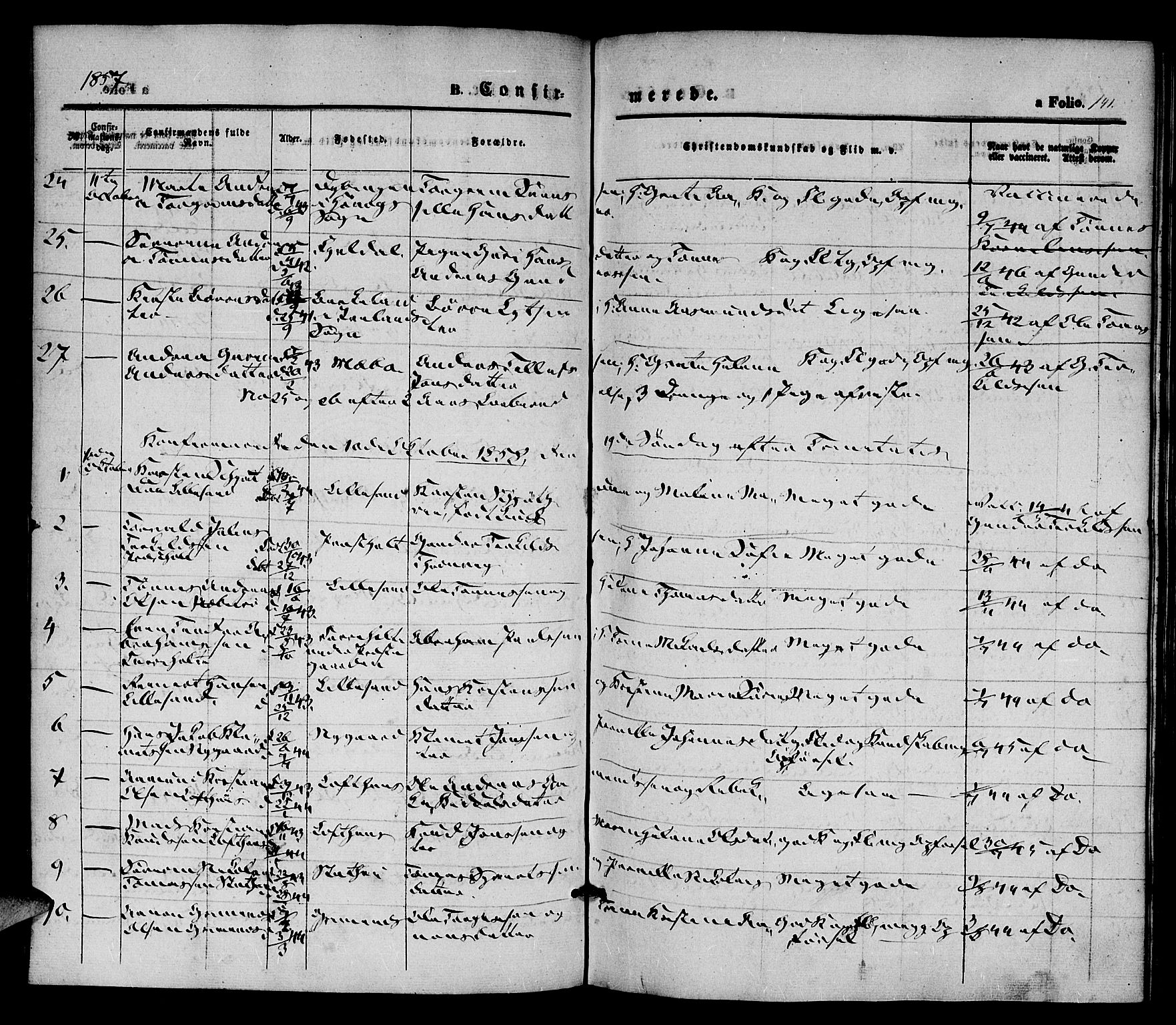 Vestre Moland sokneprestkontor, SAK/1111-0046/F/Fa/Fab/L0006: Parish register (official) no. A 6, 1850-1858, p. 141