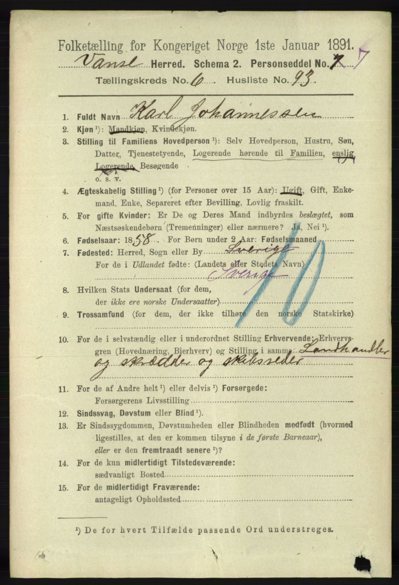 RA, 1891 census for 1041 Vanse, 1891, p. 3934