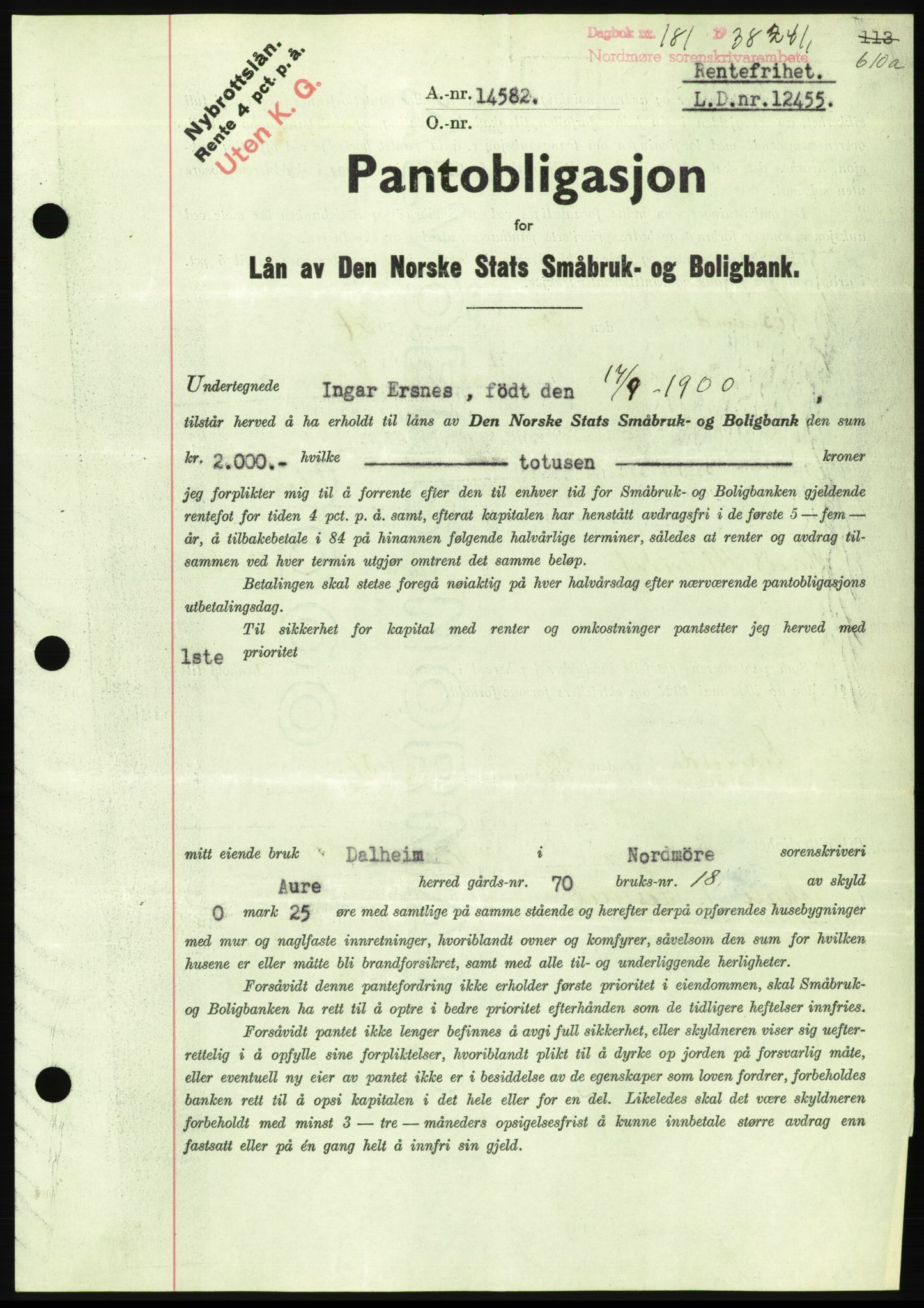 Nordmøre sorenskriveri, AV/SAT-A-4132/1/2/2Ca/L0092: Mortgage book no. B82, 1937-1938, Diary no: : 181/1938