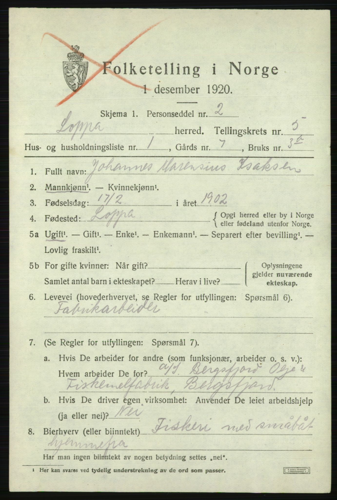 SATØ, 1920 census for Loppa, 1920, p. 1566