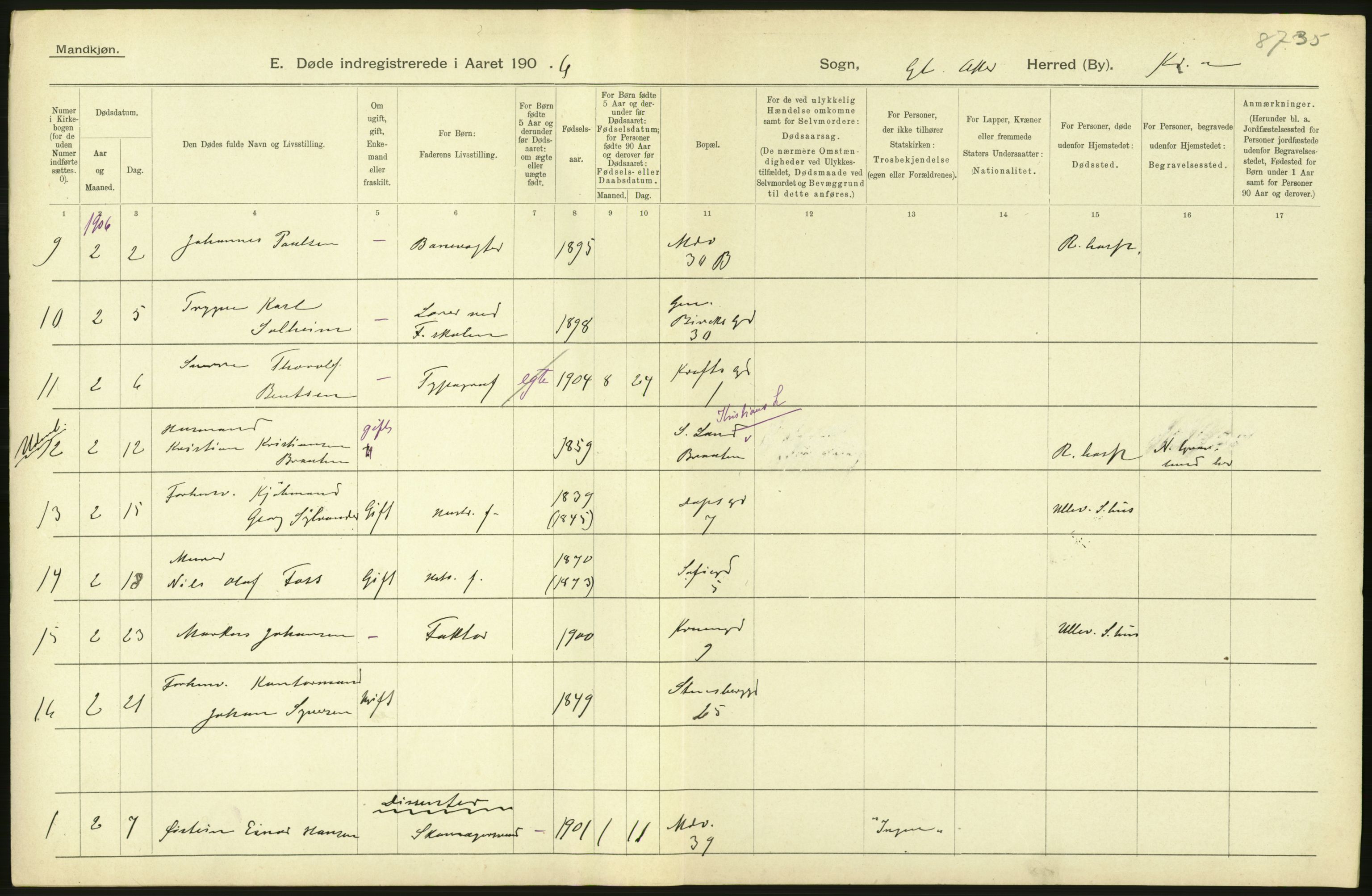 Statistisk sentralbyrå, Sosiodemografiske emner, Befolkning, RA/S-2228/D/Df/Dfa/Dfad/L0010: Kristiania: Døde, dødfødte, 1906, p. 210