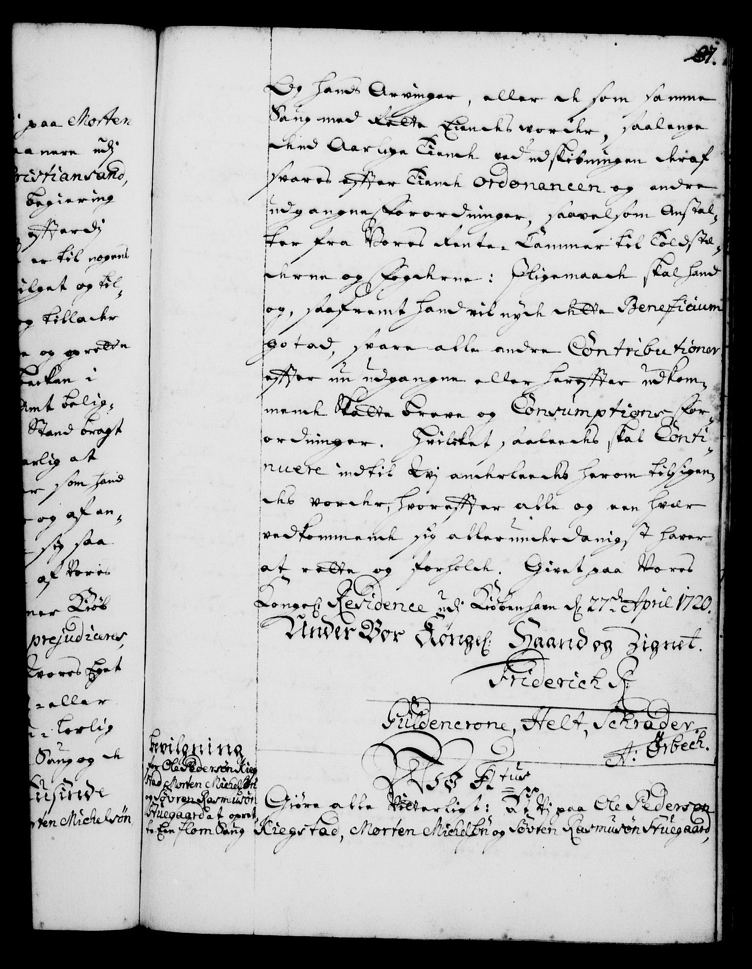 Rentekammeret, Kammerkanselliet, AV/RA-EA-3111/G/Gg/Gga/L0001: Norsk ekspedisjonsprotokoll med register (merket RK 53.1), 1720-1723, p. 87