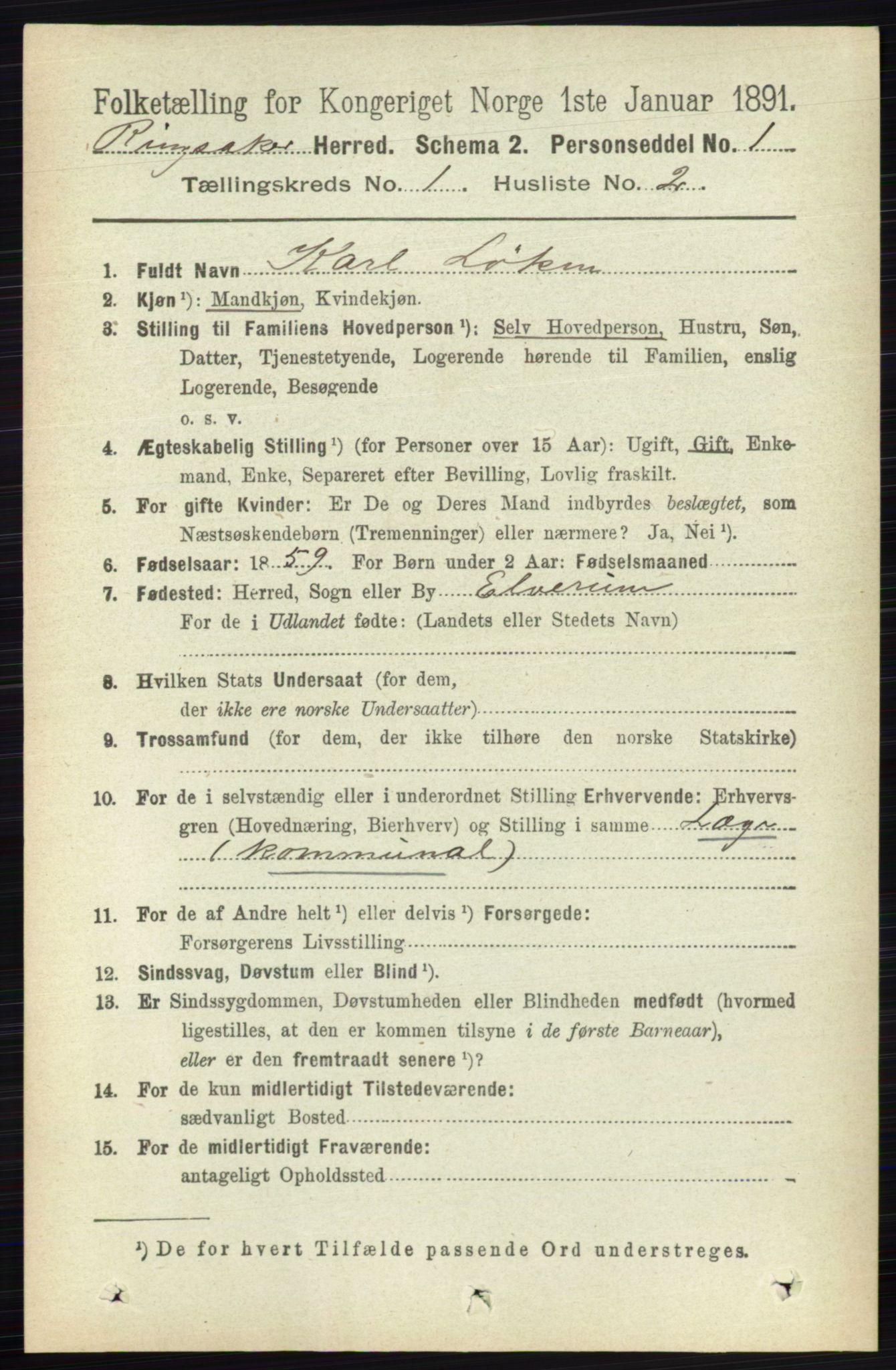 RA, 1891 census for 0412 Ringsaker, 1891, p. 181