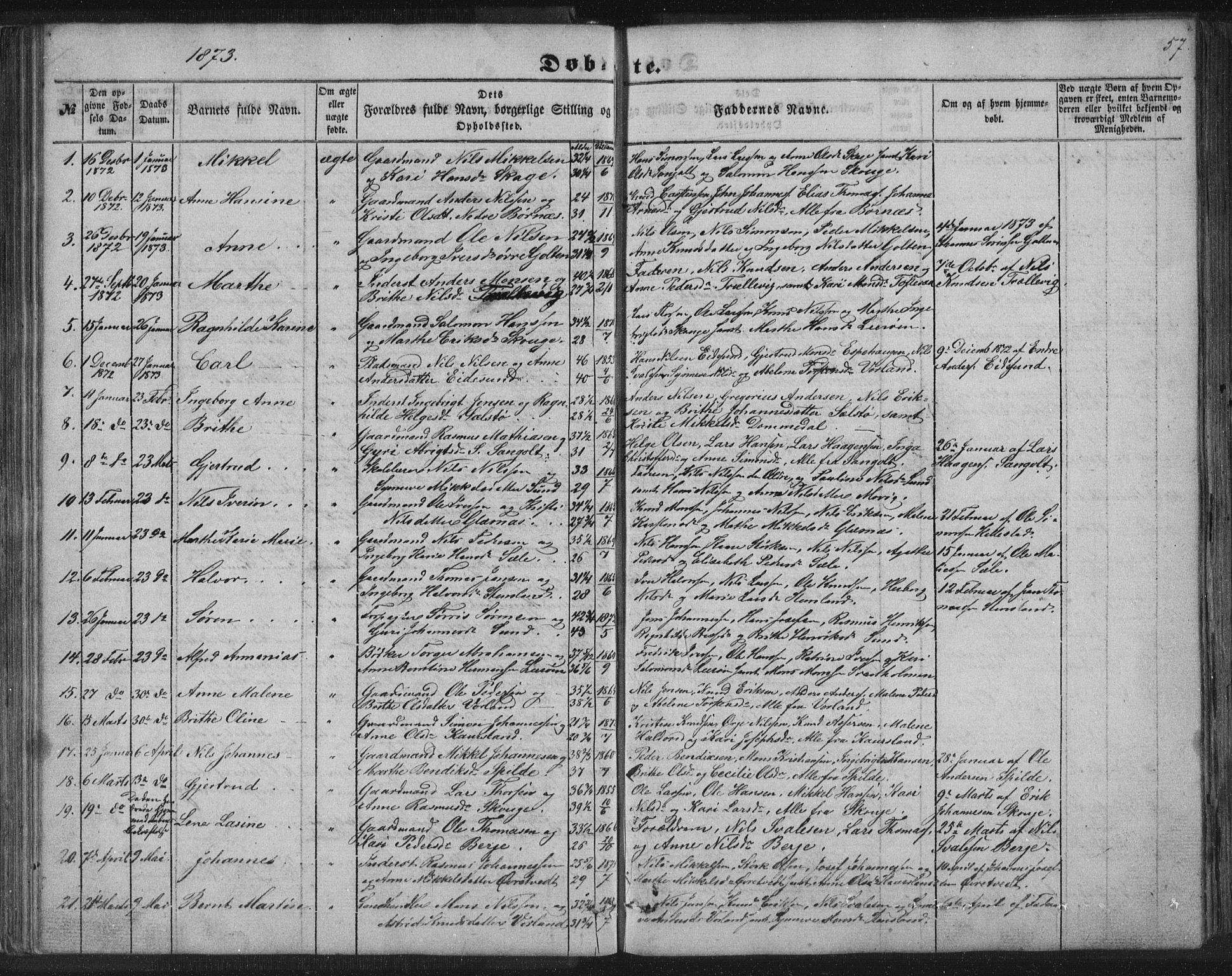 Sund sokneprestembete, SAB/A-99930: Parish register (copy) no. B 1, 1852-1873, p. 57