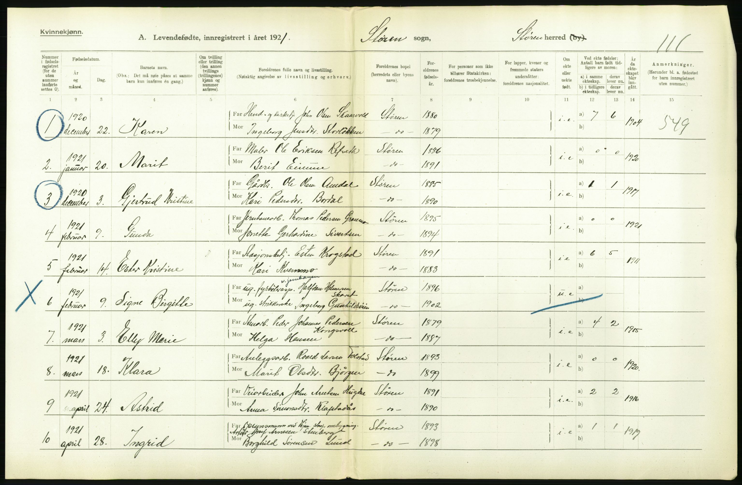 Statistisk sentralbyrå, Sosiodemografiske emner, Befolkning, RA/S-2228/D/Df/Dfc/Dfca/L0043: S. Trøndelag fylke: Levendefødte menn og kvinner. Bygder., 1921, p. 564