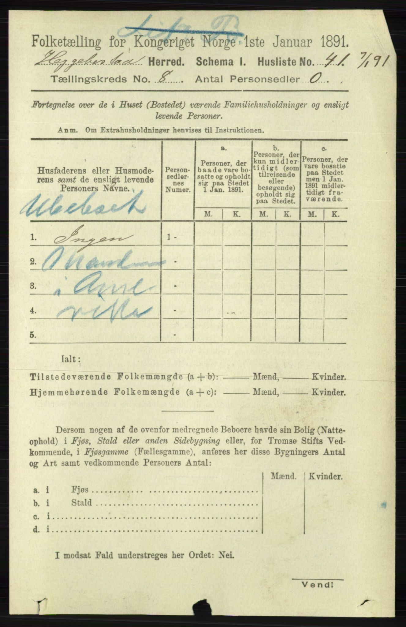 RA, 1891 census for 1034 Hægebostad, 1891, p. 2460