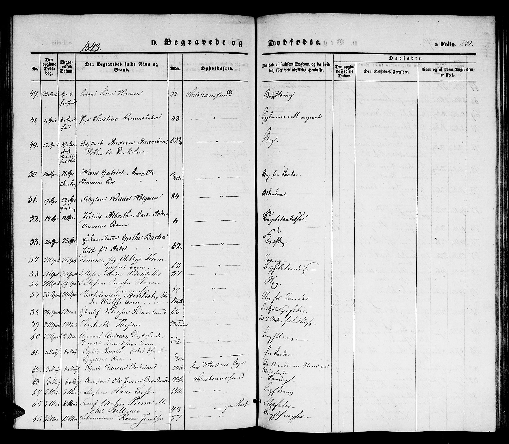 Kristiansand domprosti, SAK/1112-0006/F/Fb/L0010: Parish register (copy) no. B 10, 1843-1850, p. 231