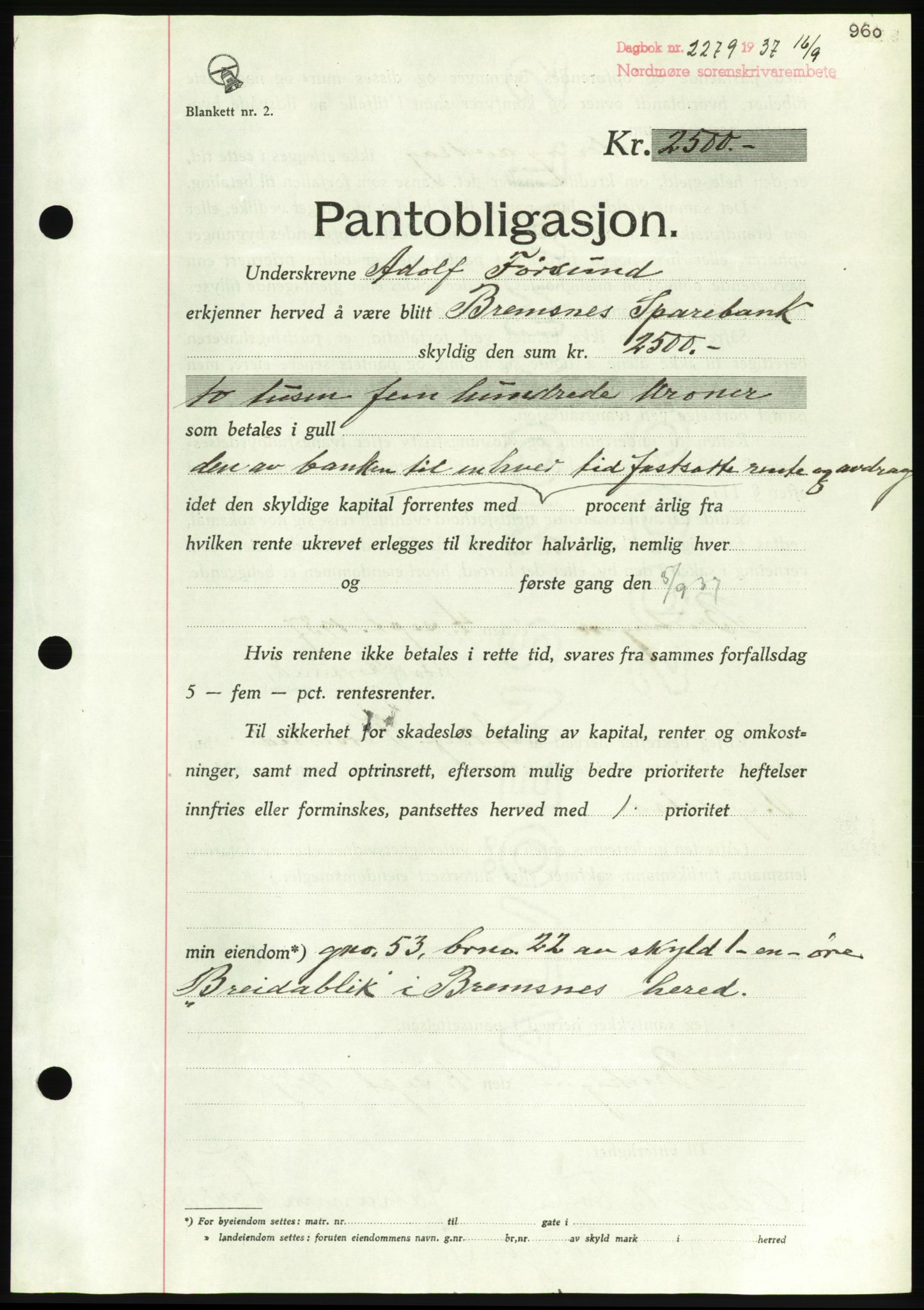 Nordmøre sorenskriveri, AV/SAT-A-4132/1/2/2Ca/L0091: Mortgage book no. B81, 1937-1937, Diary no: : 2279/1937