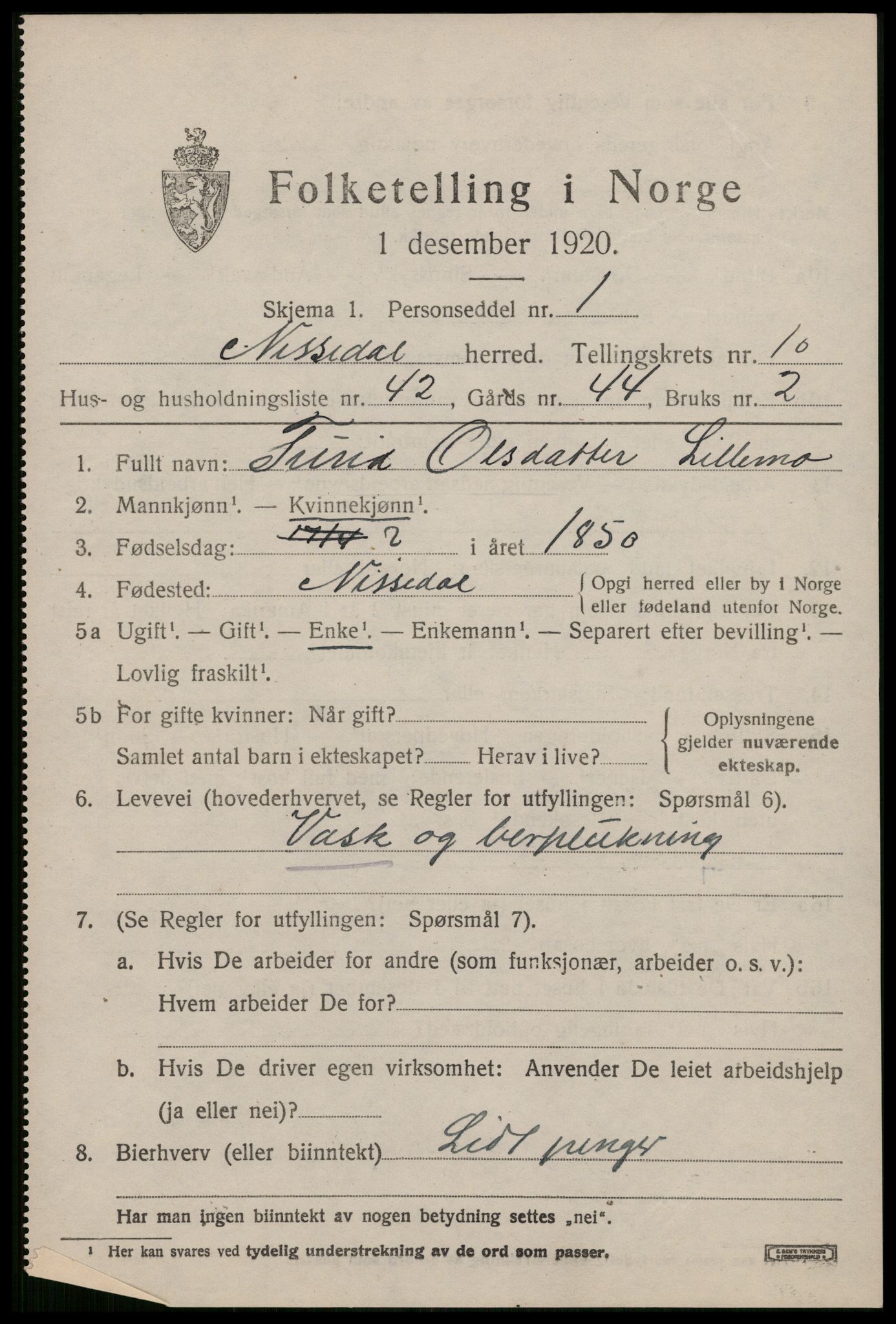 SAKO, 1920 census for Nissedal, 1920, p. 4391