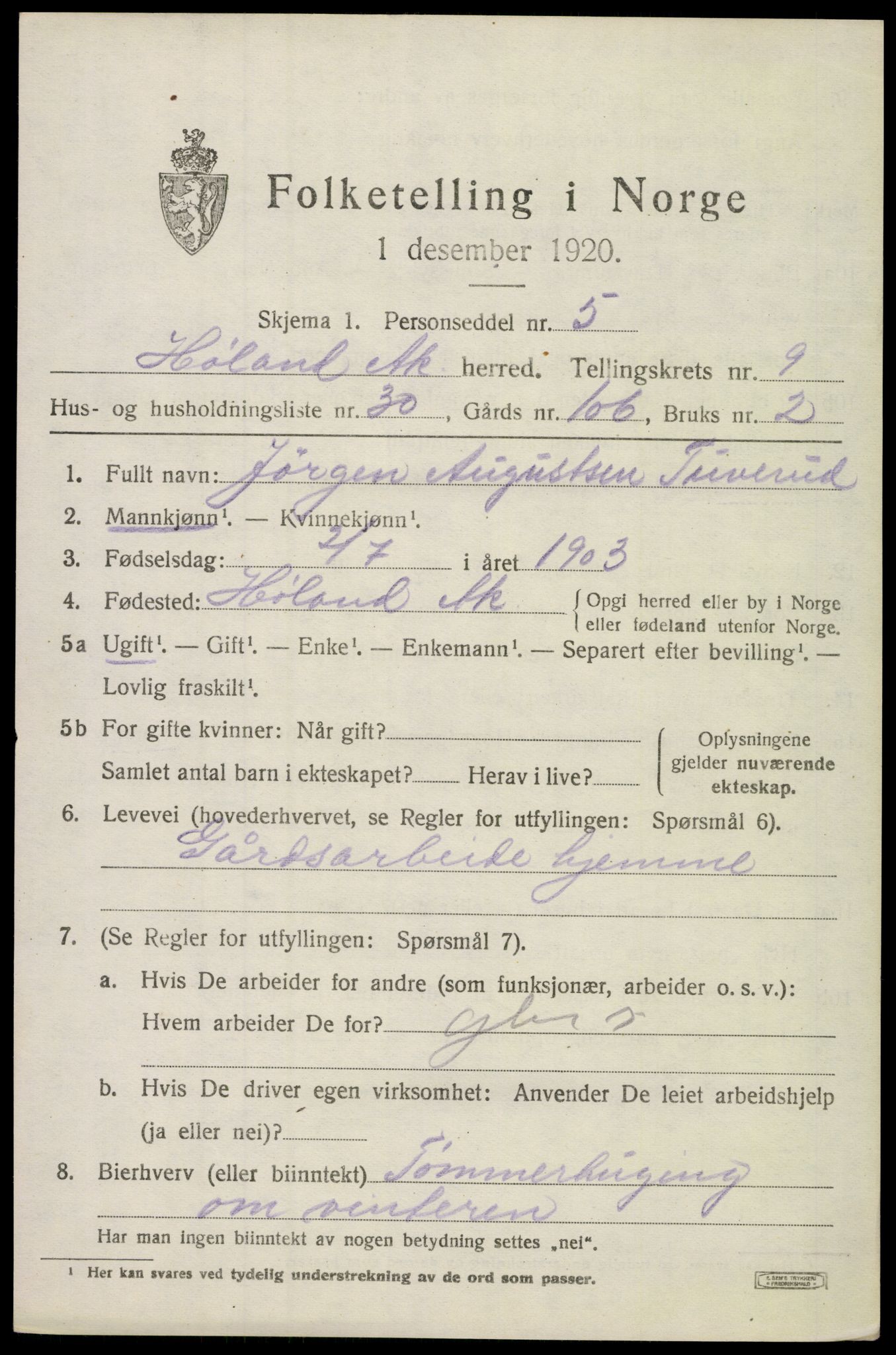 SAO, 1920 census for Høland, 1920, p. 10303