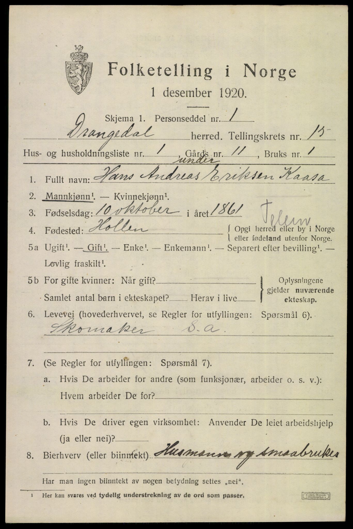 SAKO, 1920 census for Drangedal, 1920, p. 7605