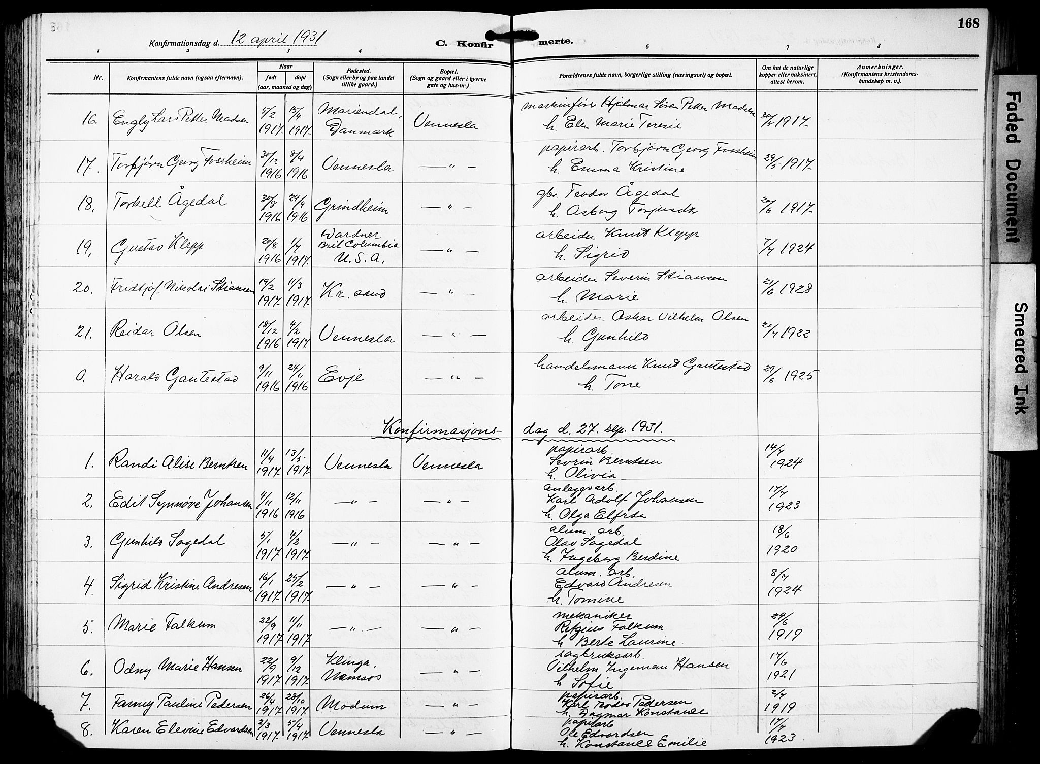 Vennesla sokneprestkontor, AV/SAK-1111-0045/Fb/Fbb/L0007: Parish register (copy) no. B 7, 1922-1933, p. 168