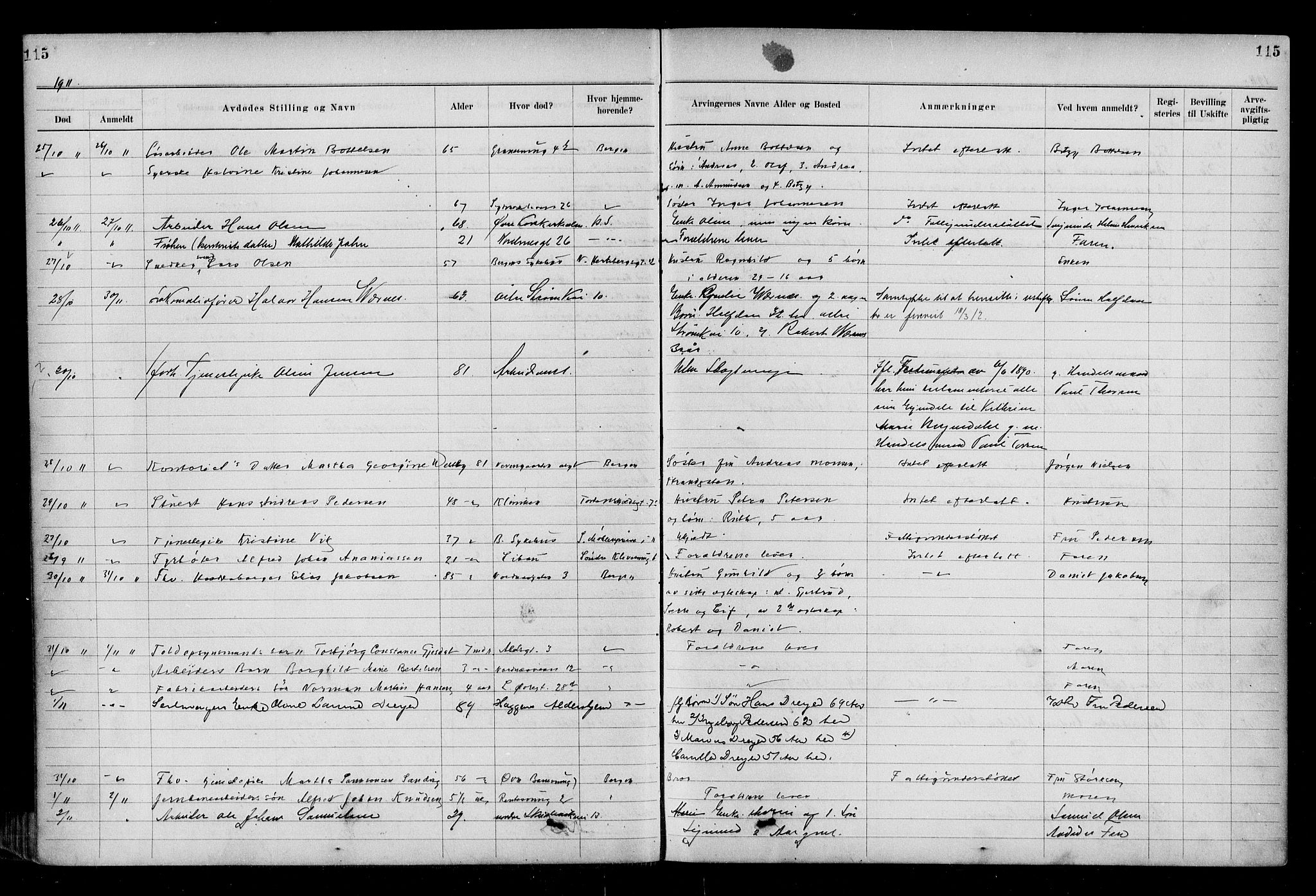 Byfogd og Byskriver i Bergen, AV/SAB-A-3401/06/06Na/L0009: Dødsfallsjournaler, 1910-1915, p. 115
