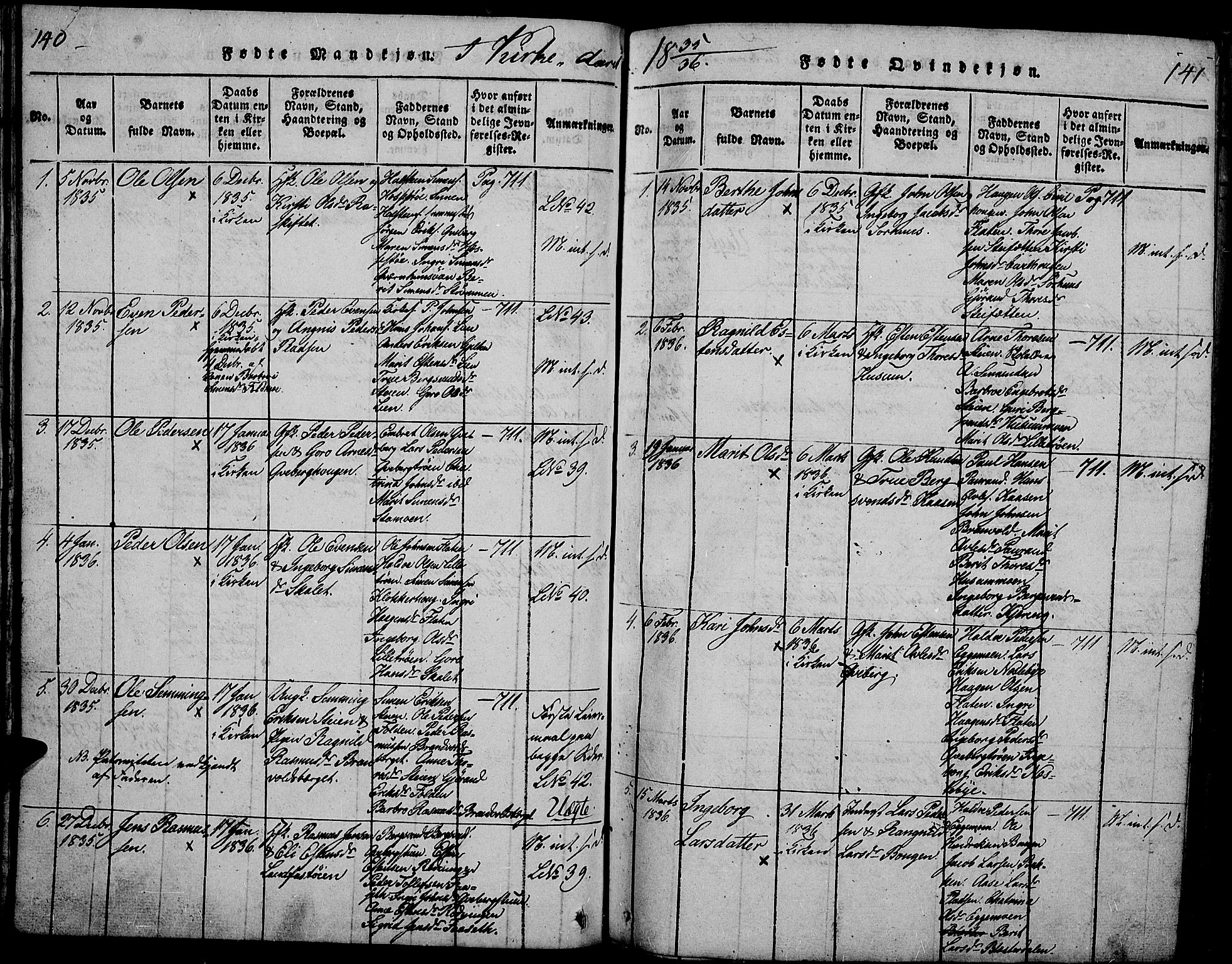 Tynset prestekontor, SAH/PREST-058/H/Ha/Hab/L0002: Parish register (copy) no. 2, 1814-1862, p. 140-141