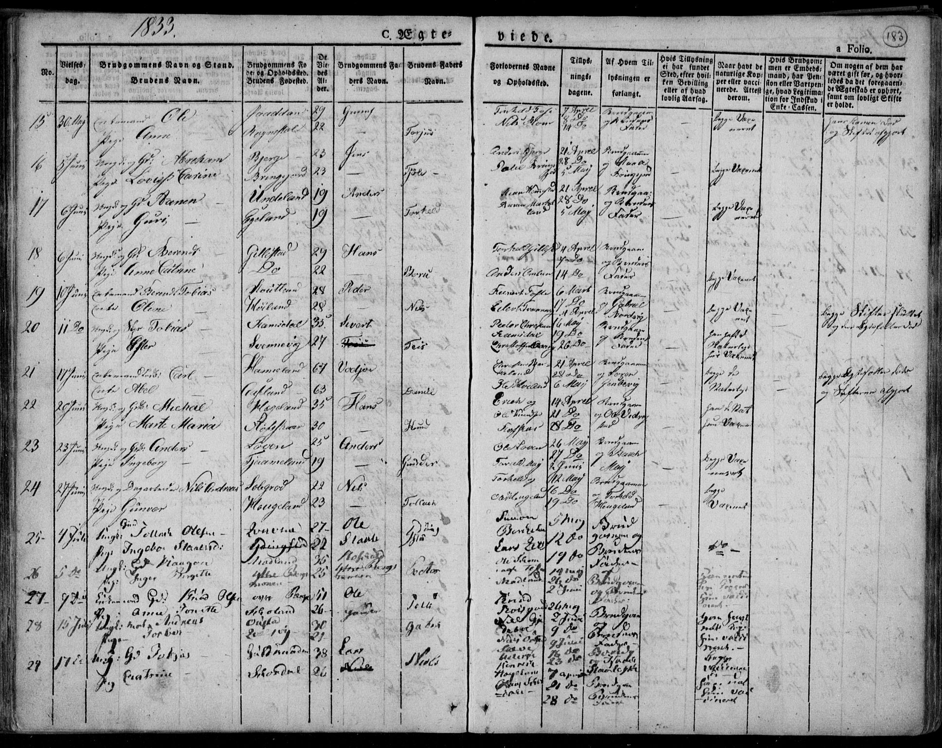 Lyngdal sokneprestkontor, AV/SAK-1111-0029/F/Fa/Fac/L0007: Parish register (official) no. A 7, 1825-1838, p. 183