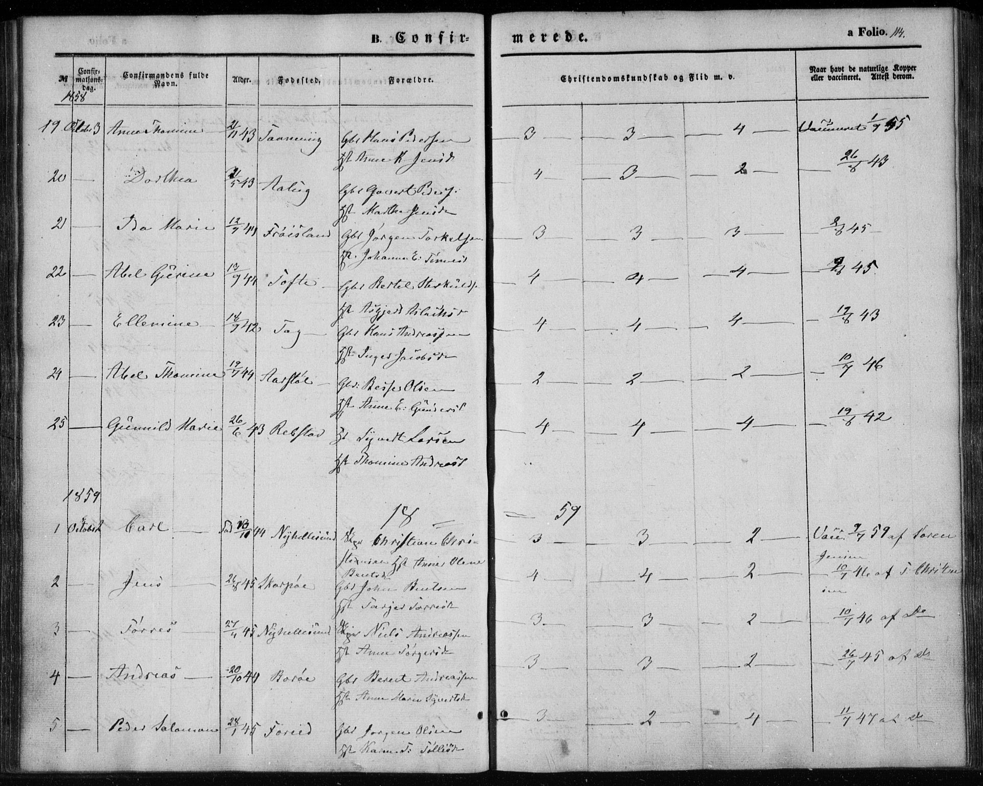 Søgne sokneprestkontor, SAK/1111-0037/F/Fa/Fab/L0010: Parish register (official) no. A 10, 1853-1869, p. 114