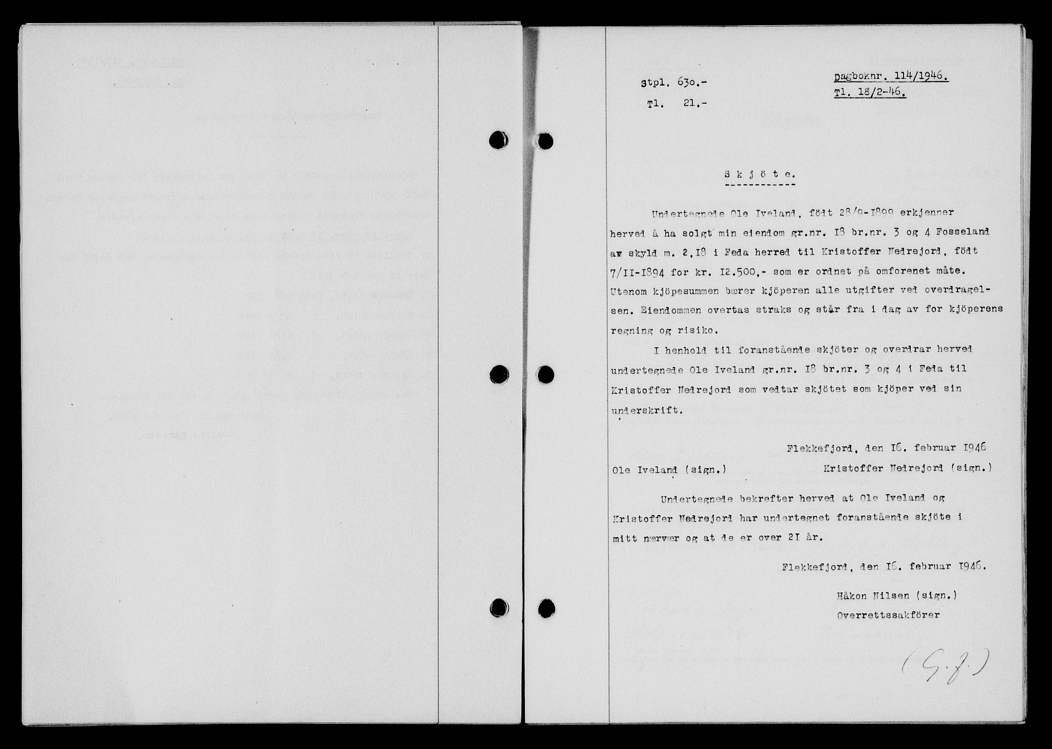 Flekkefjord sorenskriveri, SAK/1221-0001/G/Gb/Gba/L0060: Mortgage book no. A-8, 1945-1946, Diary no: : 114/1946