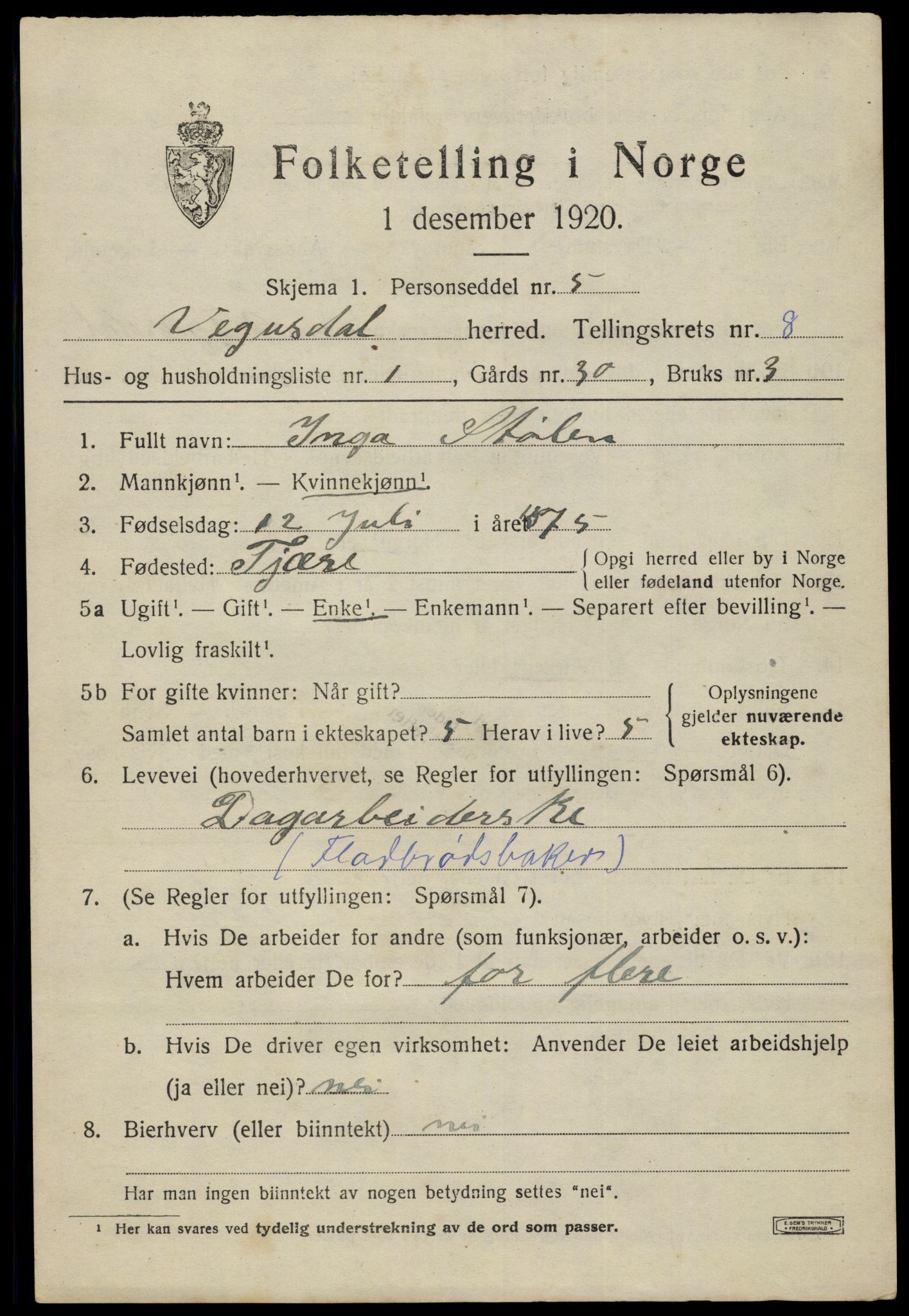 SAK, 1920 census for Vegusdal, 1920, p. 1793