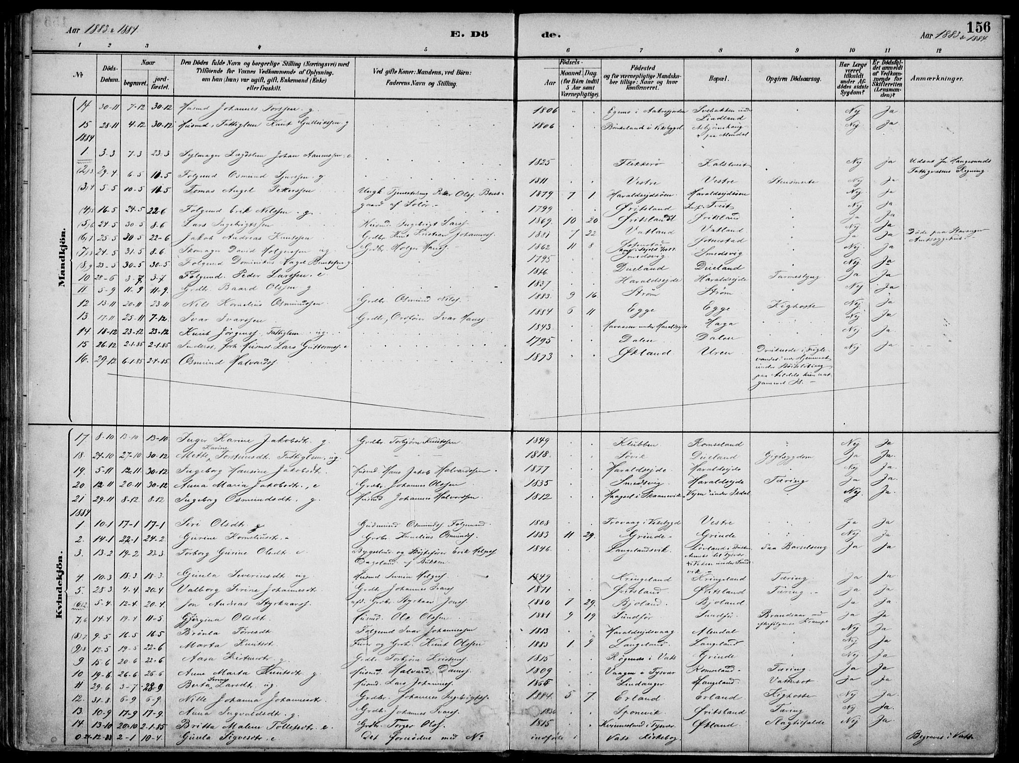 Skjold sokneprestkontor, SAST/A-101847/H/Ha/Haa/L0010: Parish register (official) no. A 10, 1882-1897, p. 156